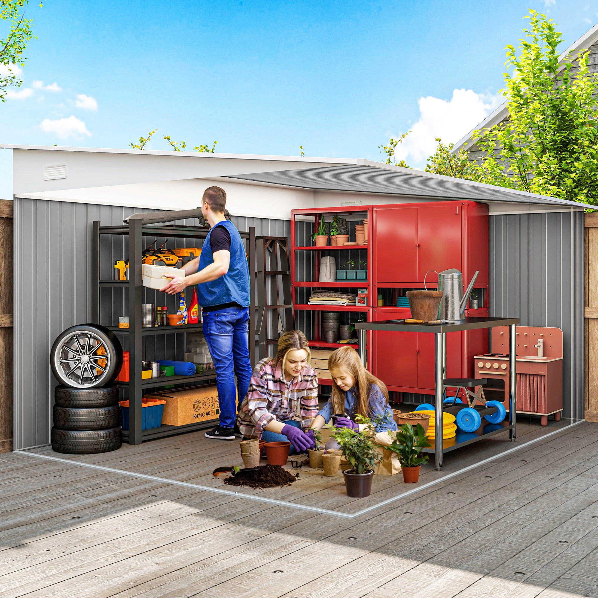 11' x 9' Steel Garden Storage Shed, Outdoor Metal Tool House with Double Sliding Doors & 2 Air Vents, Green