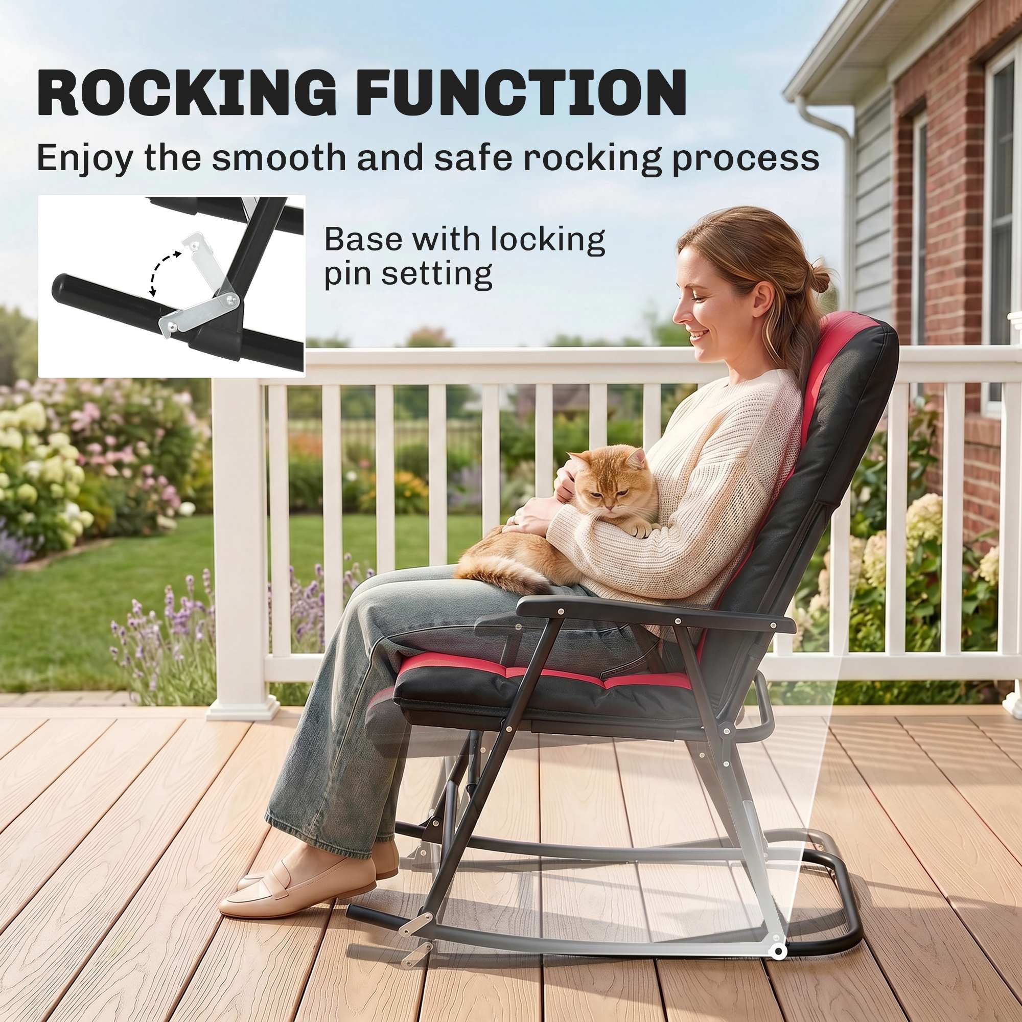 3pc Patio Foldable Rocking Chair Set, Outdoor Rocking Chairs and Table Set w/ Padded Seat, Headrest, Backrest for Backyard, Garden, Red