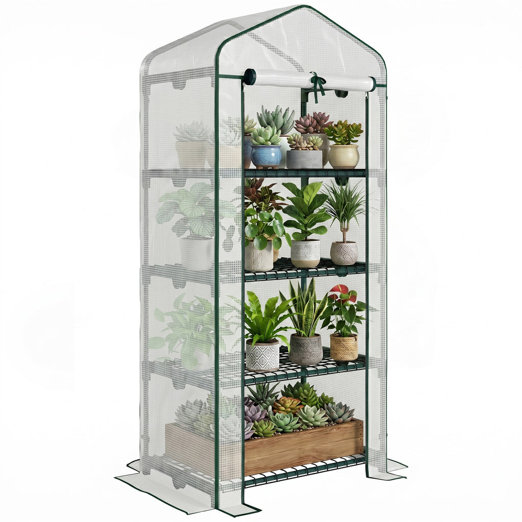 Portable Greenhouse Outdoor Hot House with 4 Tier Shelves, Steel Frame, PE Cover, 28" x 20" x 63" , White