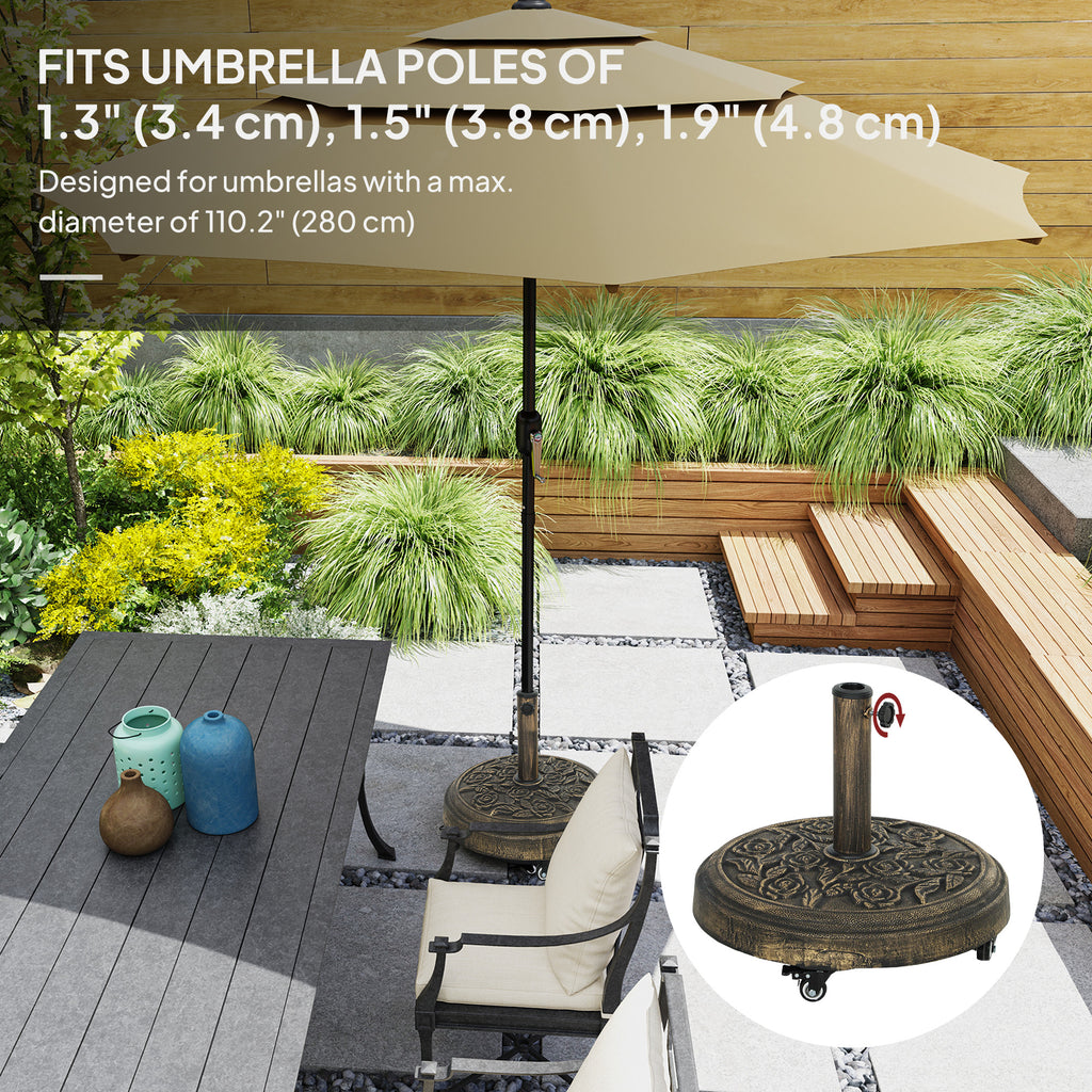 46 lbs Resin Round Patio Umbrella Base, Umbrella Stand with Wheels, Outdoor Umbrella Stand for 1.3"/1.5"/1.9" Umbrella Poles for Outdoor, Lawn, Poolside, Bronze