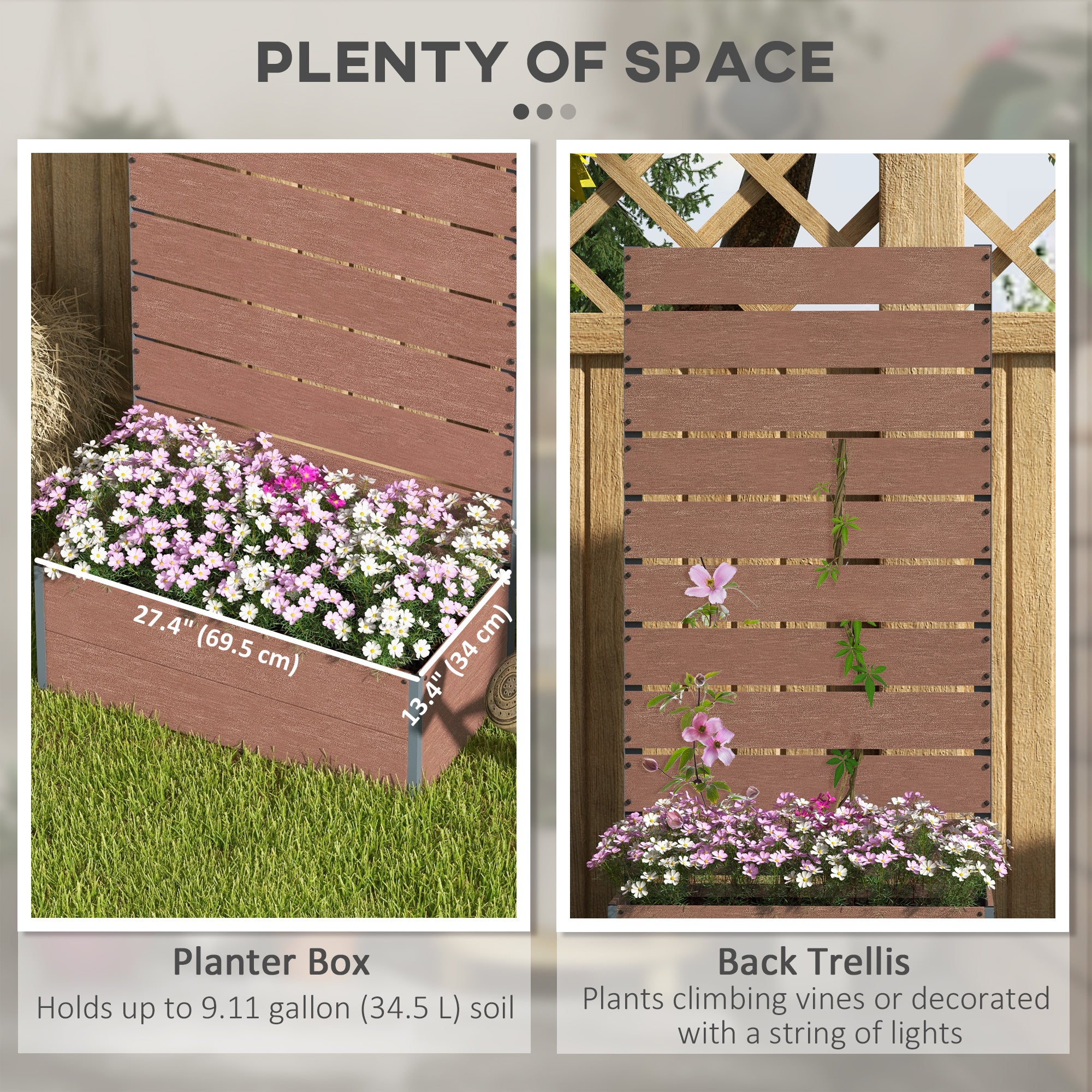 Raised Garden Bed with Trellis, Freestanding Elevated Planter Box for Climbing Vines, 28" x 15" x 59", Light Brown