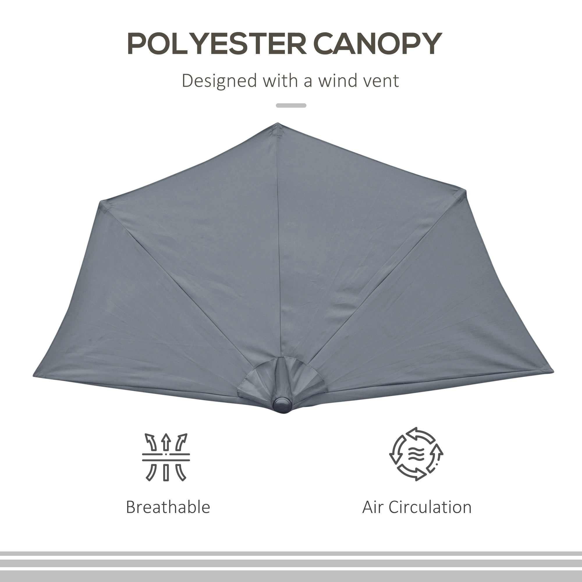 9ft Half Round Patio Umbrella, Outdoor Market Patio Table Umbrella Parasol with Crank Mechanism, 5 Ribs, Grey