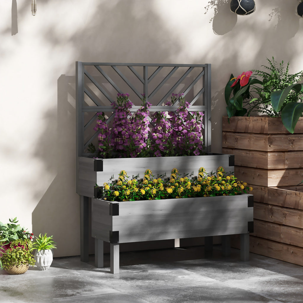 Raised Garden Bed with Trellis, 2 Tier Wooden Elevated Planter Box  for Vegetables, Flowers, Herbs, Grey