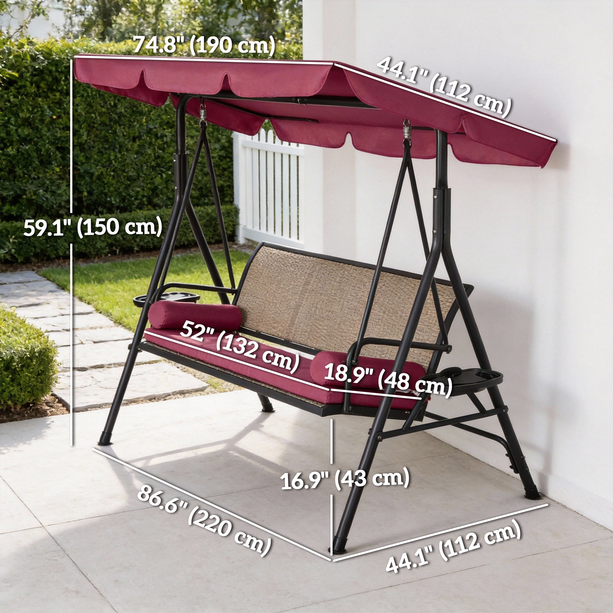 Outdoor 3-Seat Porch Swing with Canopy, Rattan Seat, Removable Cushion, Pillows and Steel Frame