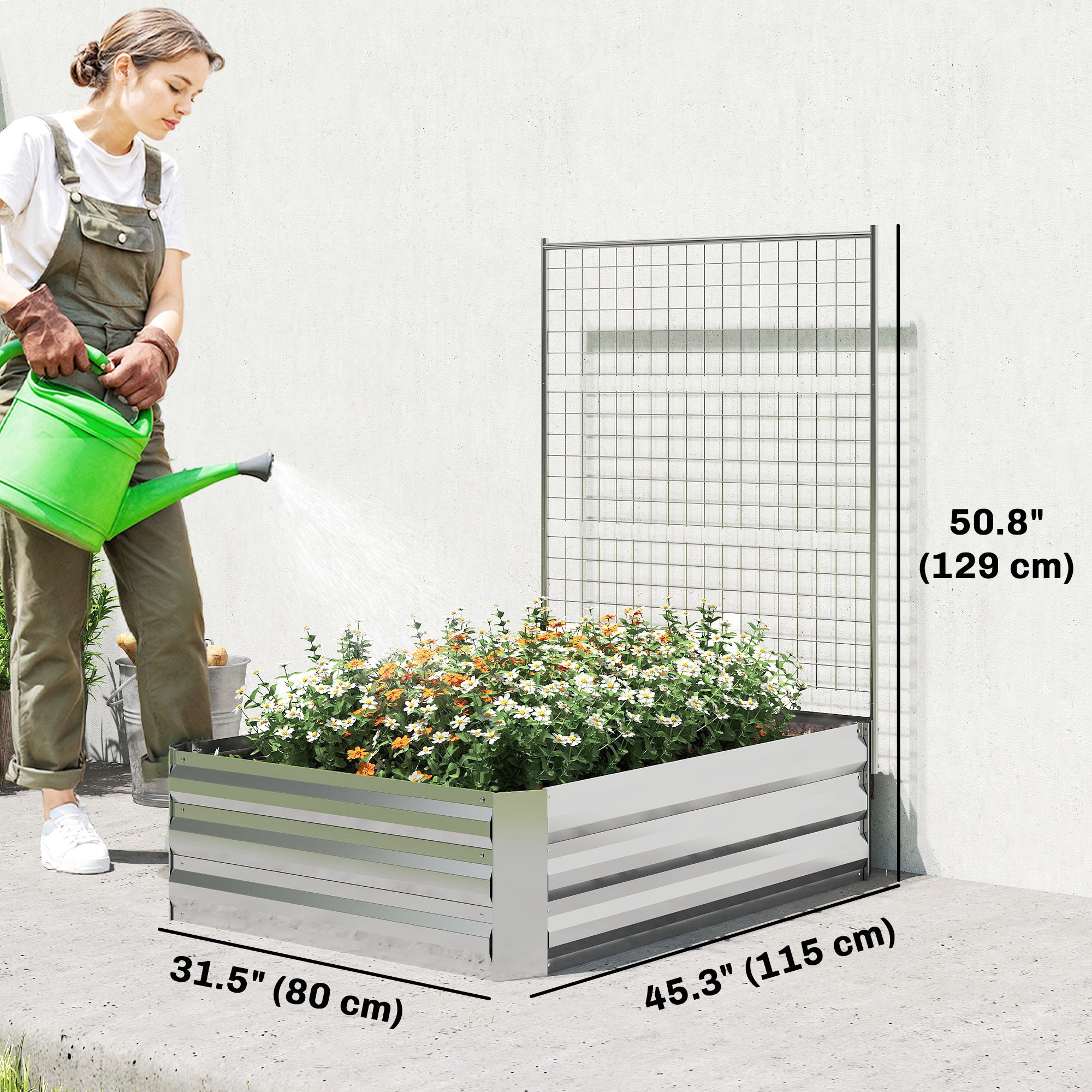 Galvanized Raised Garden Bed with Trellis for Climbing Plants, Outdoor Planter Box with Open Bottom, Silver