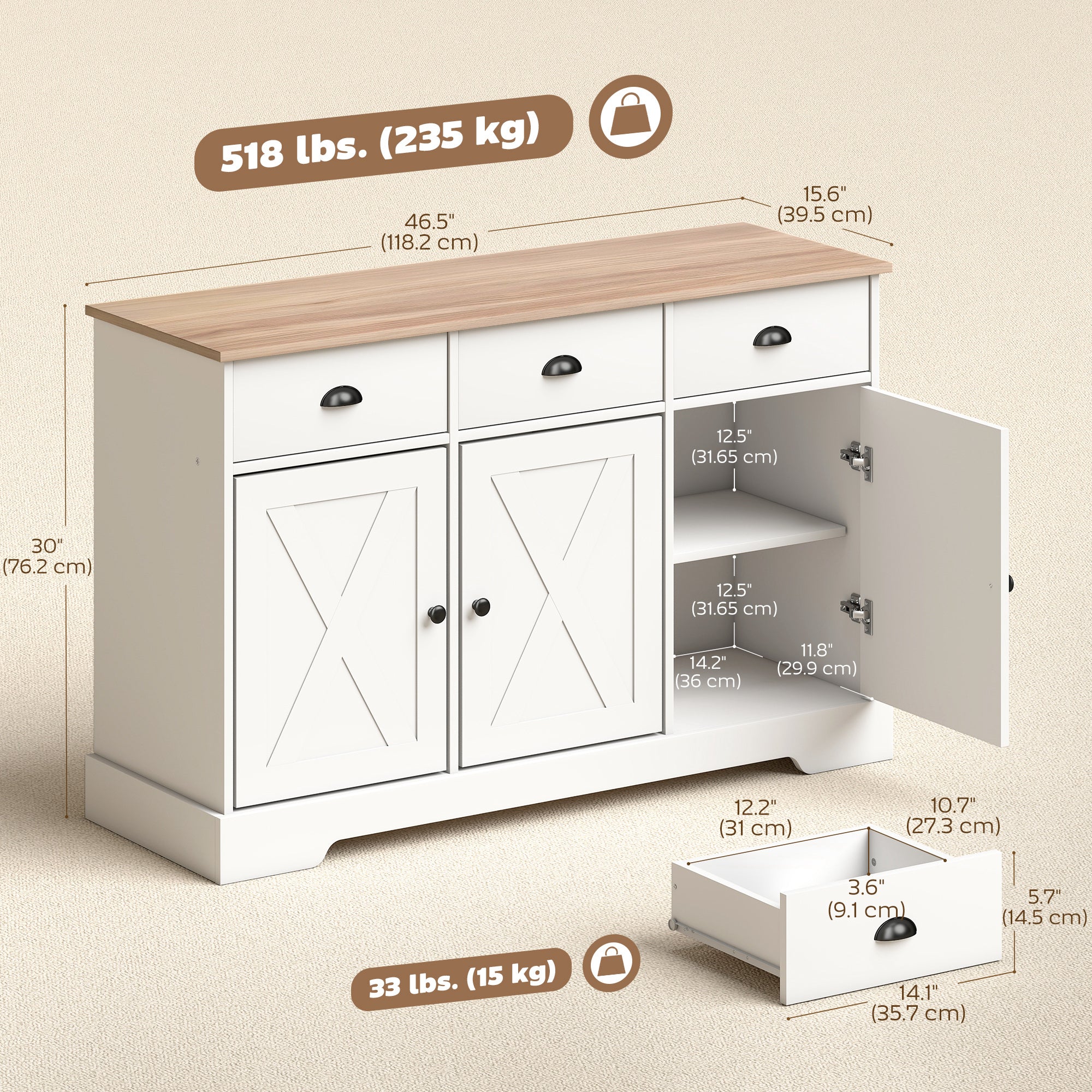 46.5" Buffet Cabinet, Farmhouse Sideboard with 3 Barn Doors and 3 Drawers for Living Room, Kitchen, White