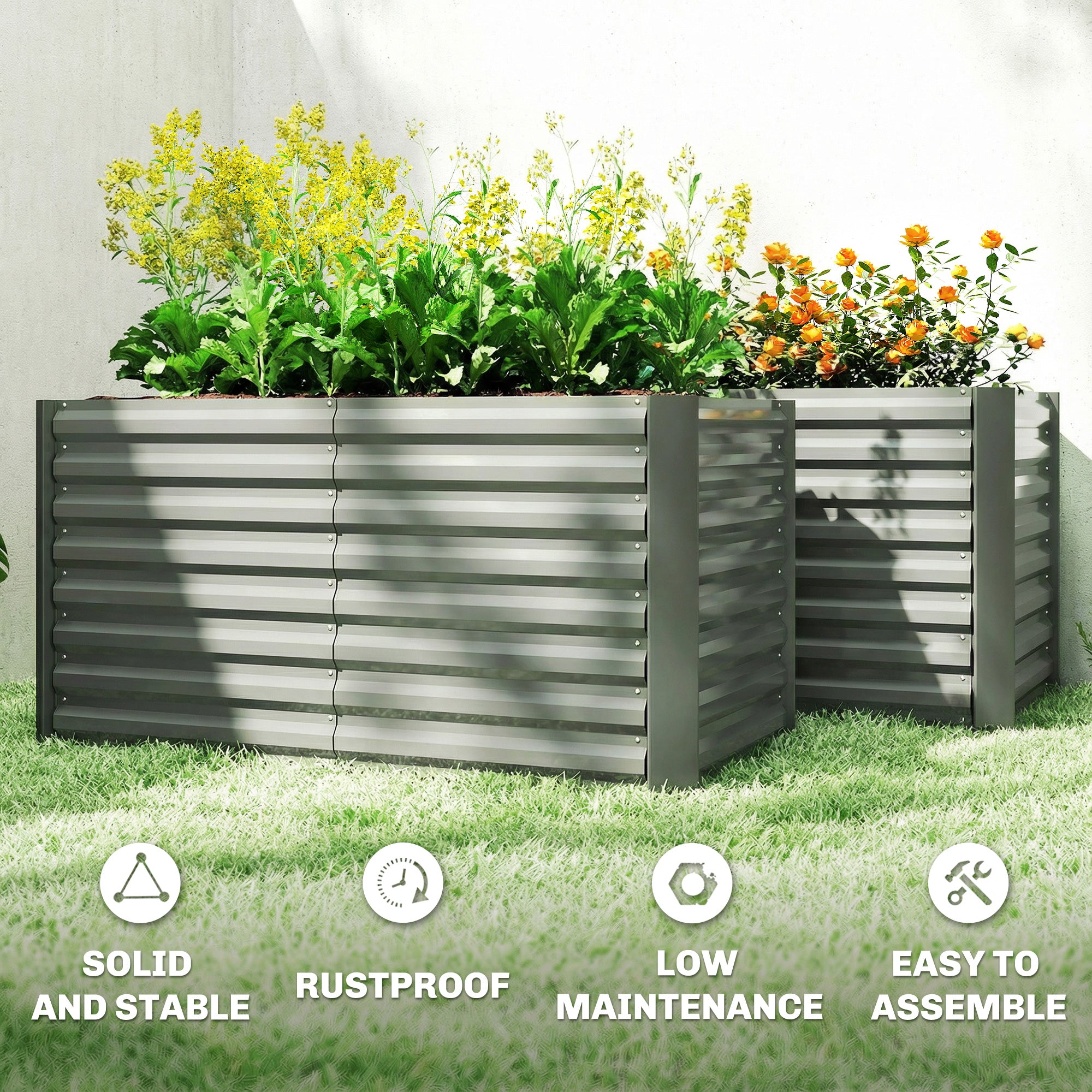 Set of 2 Galvanized Metal Planters for Outdoor Plants, 4' x 2' x 2' Raised Garden Bed, Light Grey