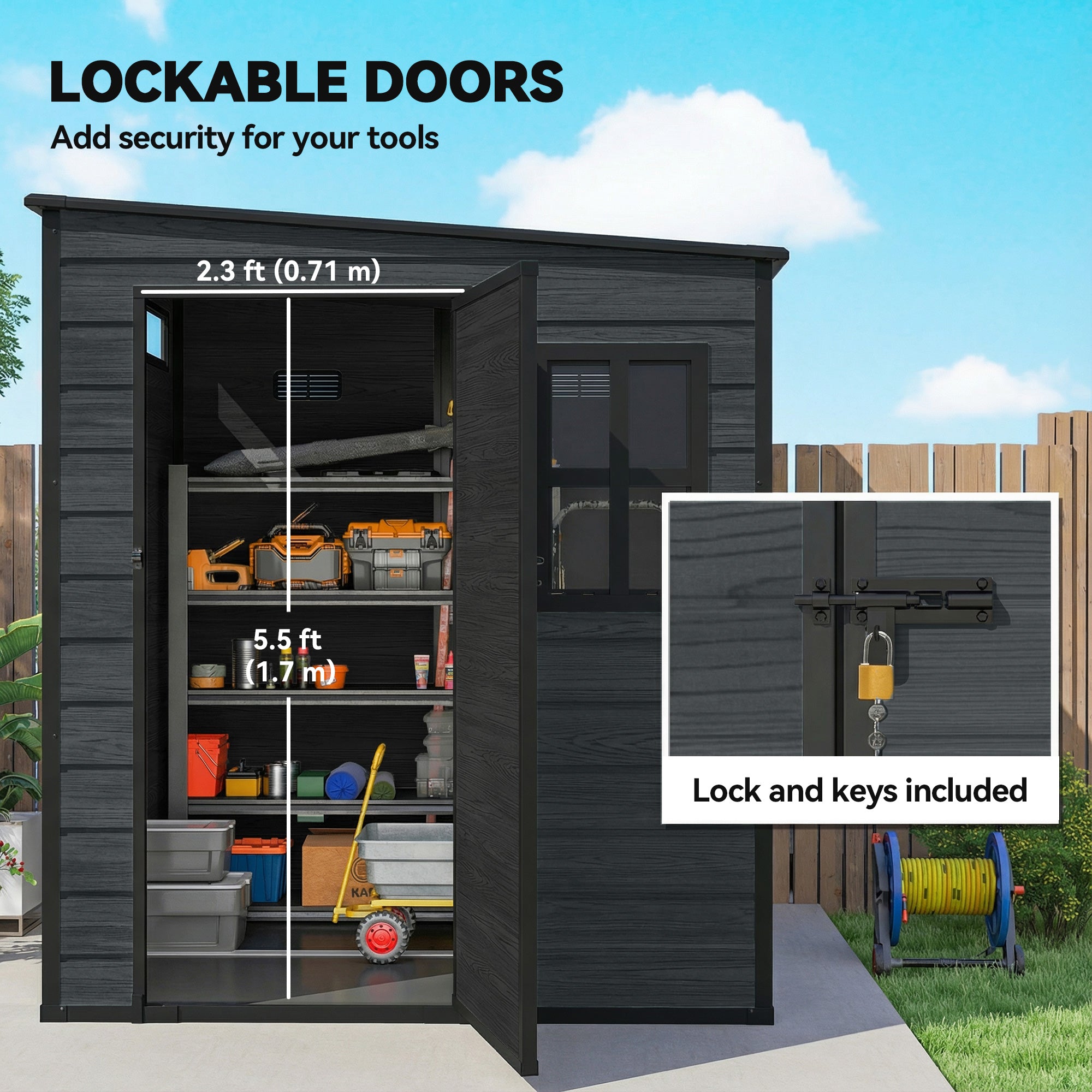 Outdoor Storage Shed with Lockable Door, Garden Shed with Vents and Windows for Backyard, Dark Grey