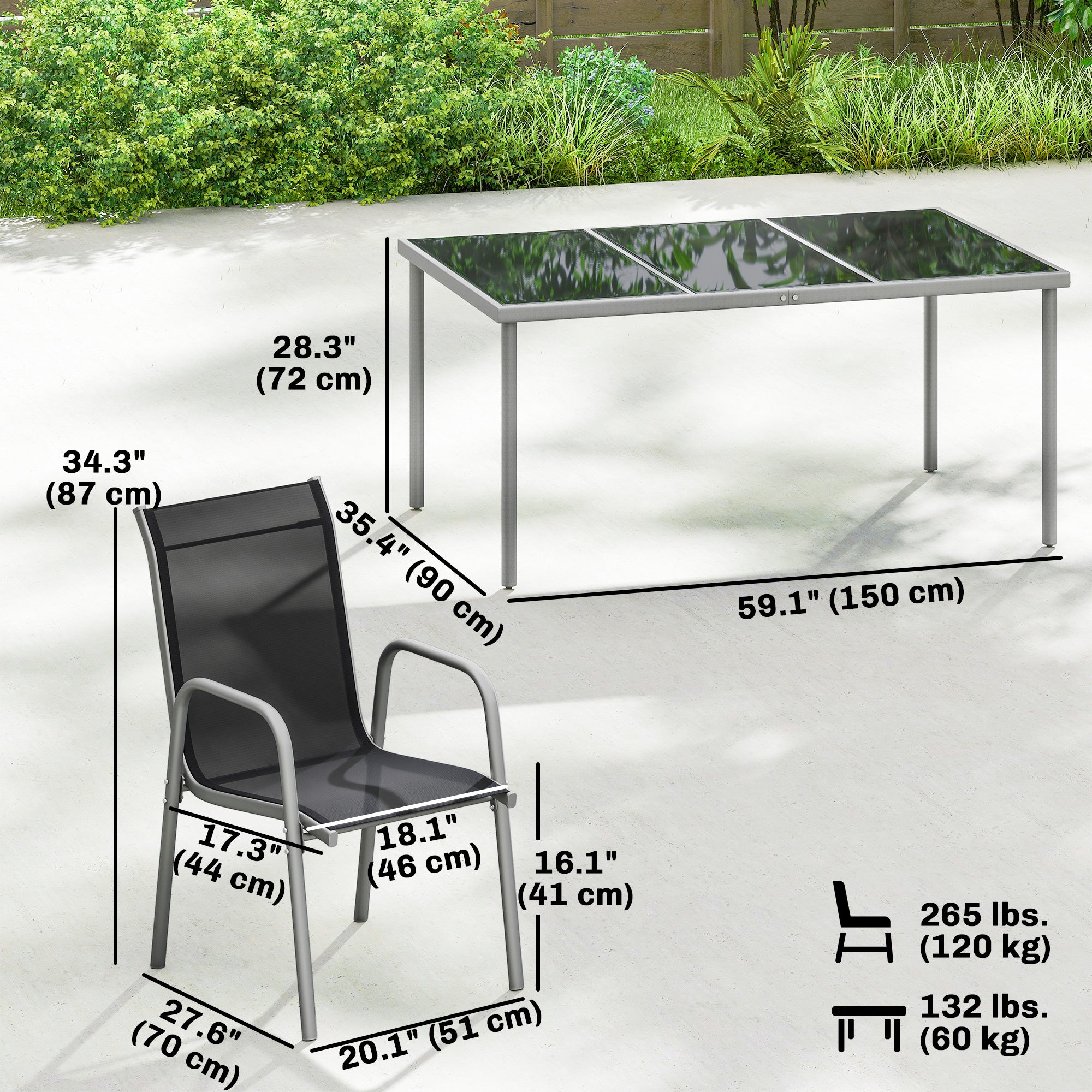 7 Piece Garden Dining Set, Garden Furniture Set with Rectangle Table and 6 Stackable Chairs