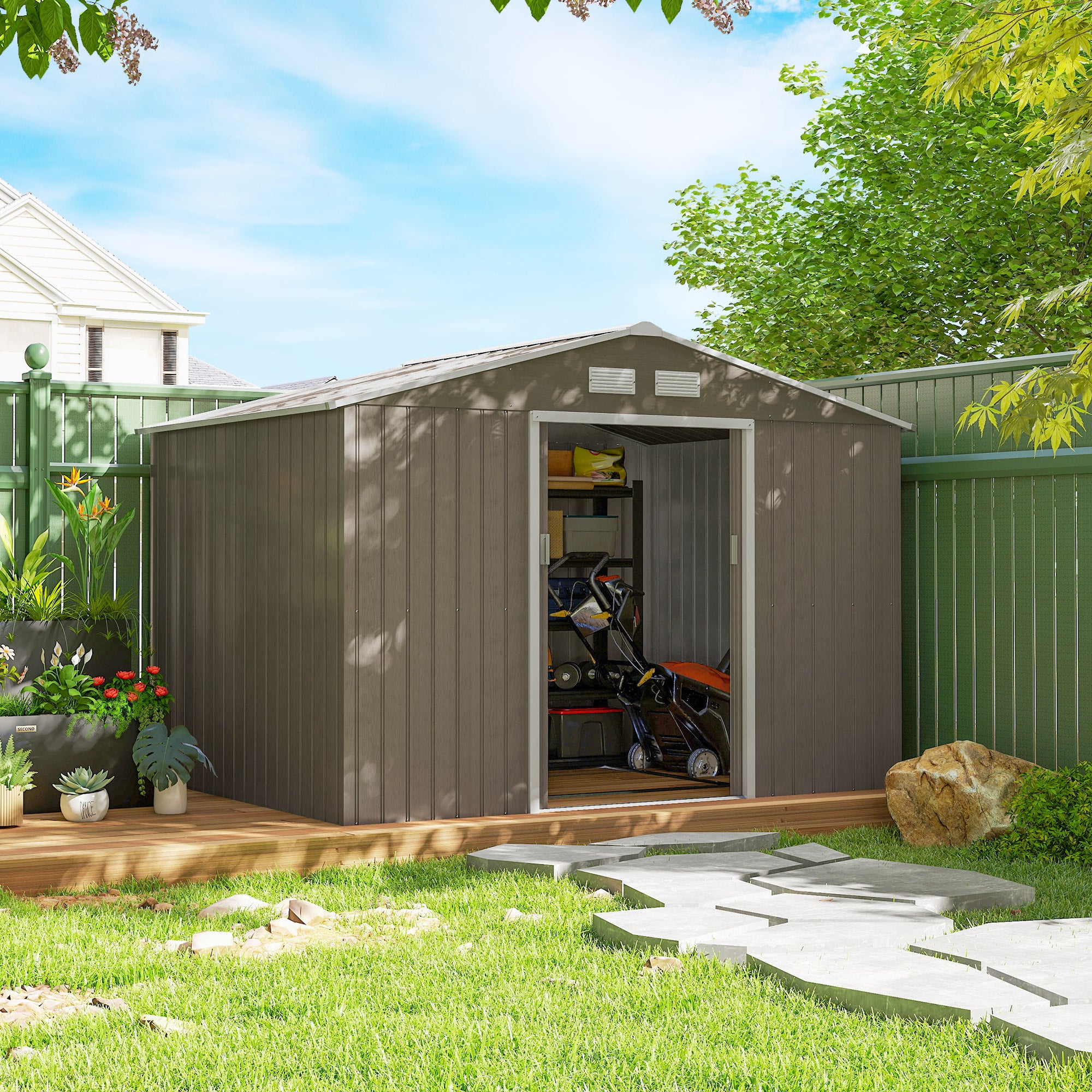9.1'x6.4'x6.3' Garden Storage Shed w/ Foundation Kit Metal Tool Storage House w/ Double Doors Distressed Light Brown