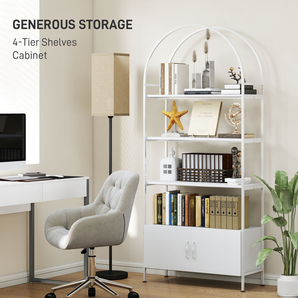 4-Tier Arched Shelving Unit with Cabinet, Bookshelf for Living Room, Office, 31.5" x 11.8" x 73.6", White