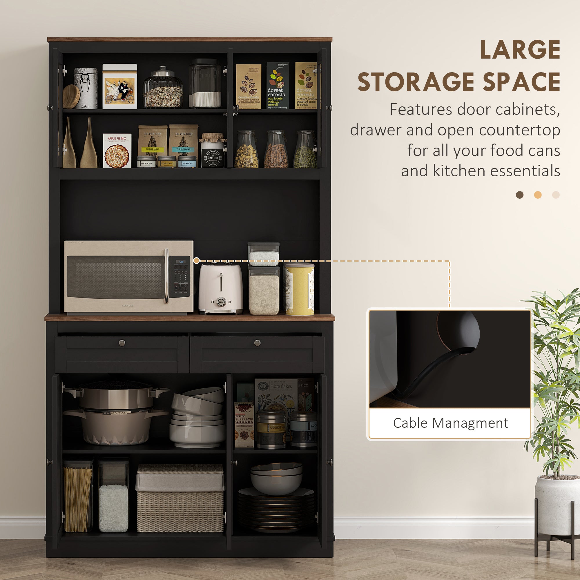71" Pantry Cabinet with Microwave Space, Buffet with Hutch, 2 Drawers, Adjustable Shelves and Glass Doors, Black