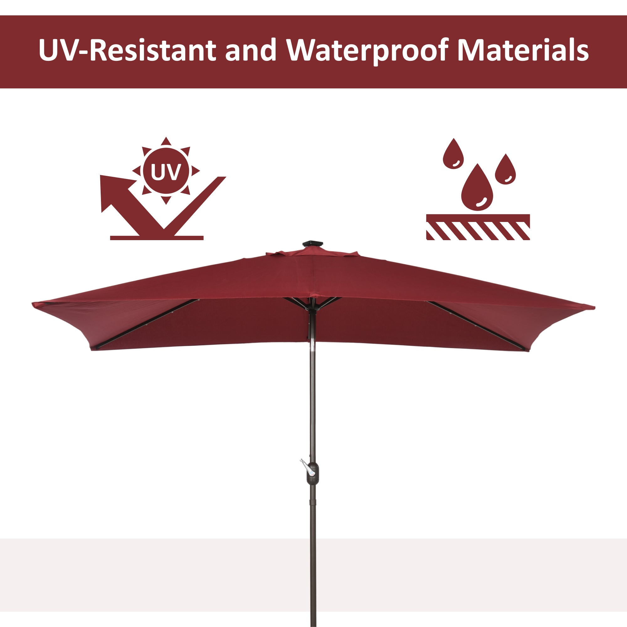 6.5x10ft Patio Umbrella Rectangle Solar Powered Tilt Aluminum Outdoor Market Parasol with LEDs Crank (Wine Red)