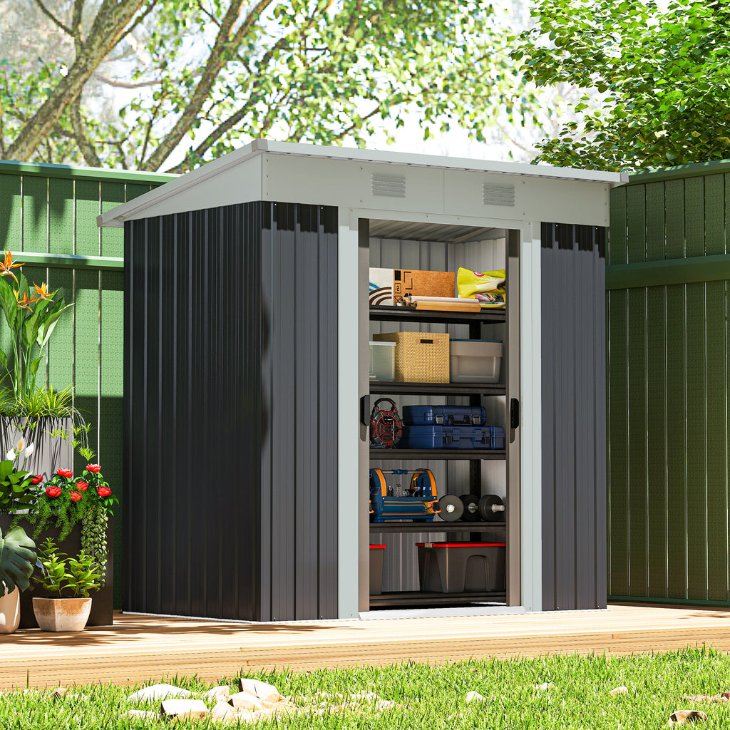 6' x 4' Outdoor Storage Shed, Metal Garden Tool Storage House Organizer with Lockable Sliding Doors and Vents for Backyard Patio Lawn, Charcoal Grey