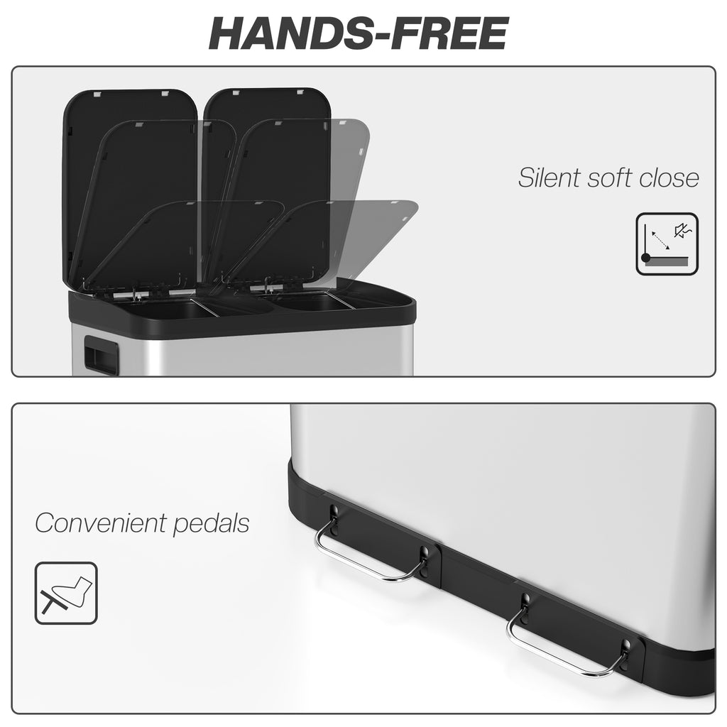 Kitchen Garbage Bin, 2 x 7.9 Gal (2 x 30 L) Trash Can, Soft-Close Garbage Can with Removable Inner Buckets, Silver