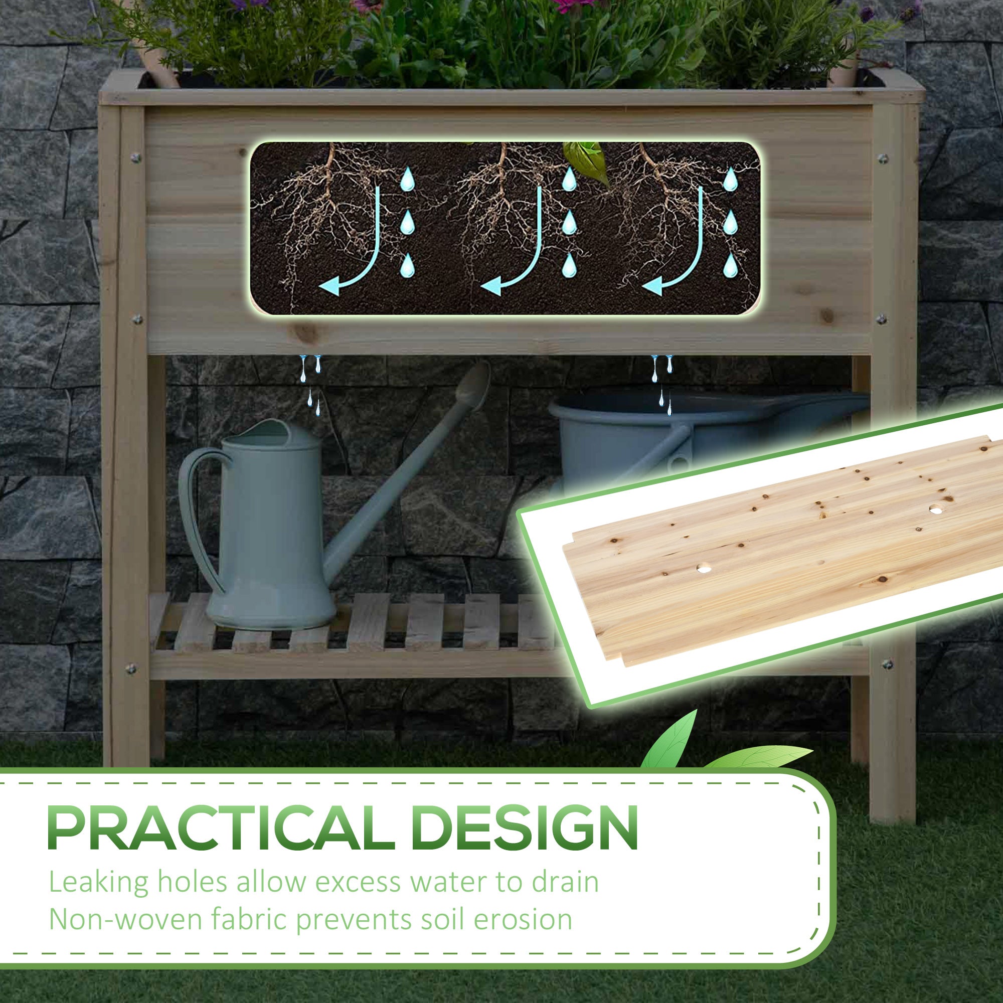 Elevated Planter Box with Storage Shelf for Flowers, Vegetables, and Herbs, 36" x 16" x 32", Natural