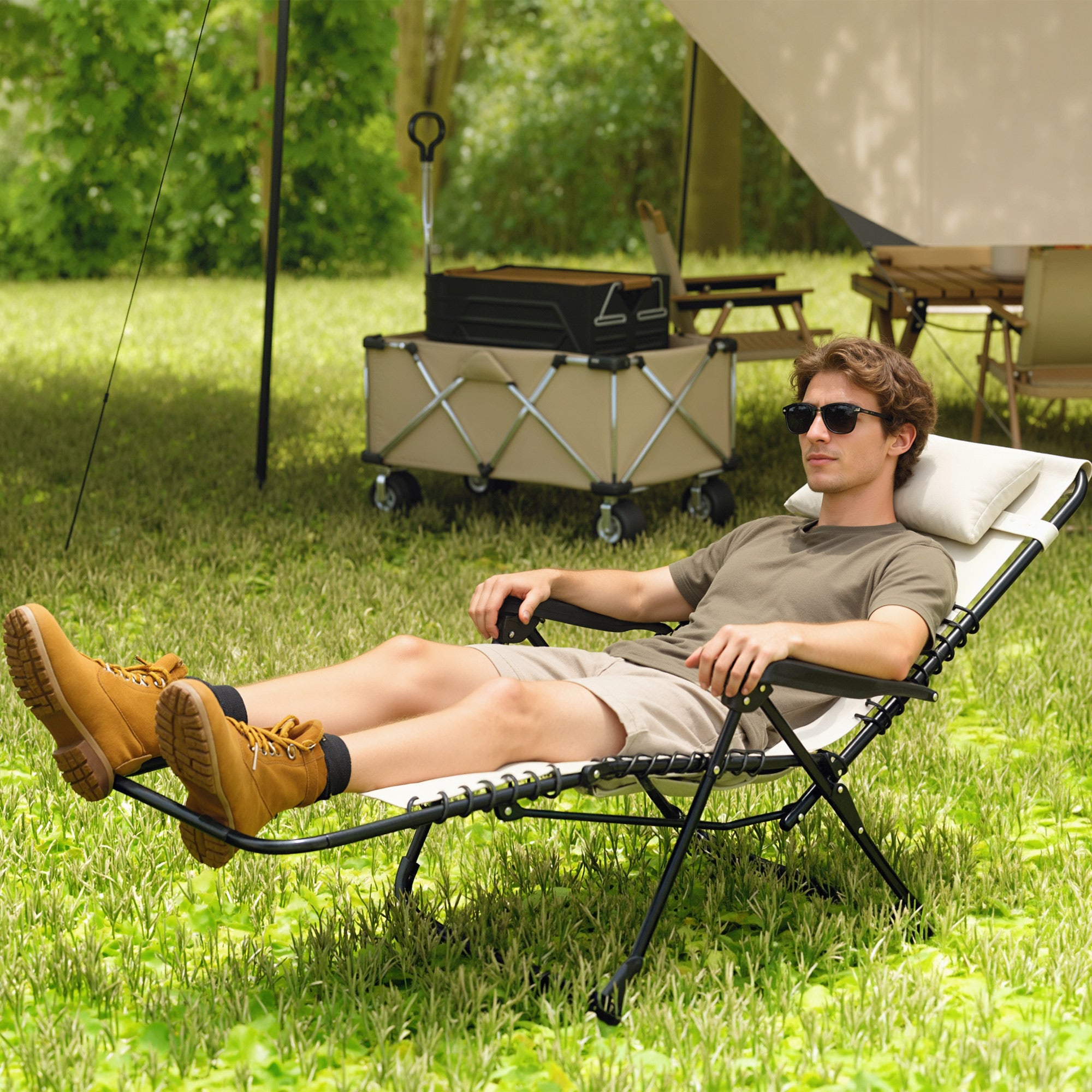 Folding Zero Gravity Chair, 5-Position Adjustable Outdoor Lounge Chair Recliner with Headrest, Beige