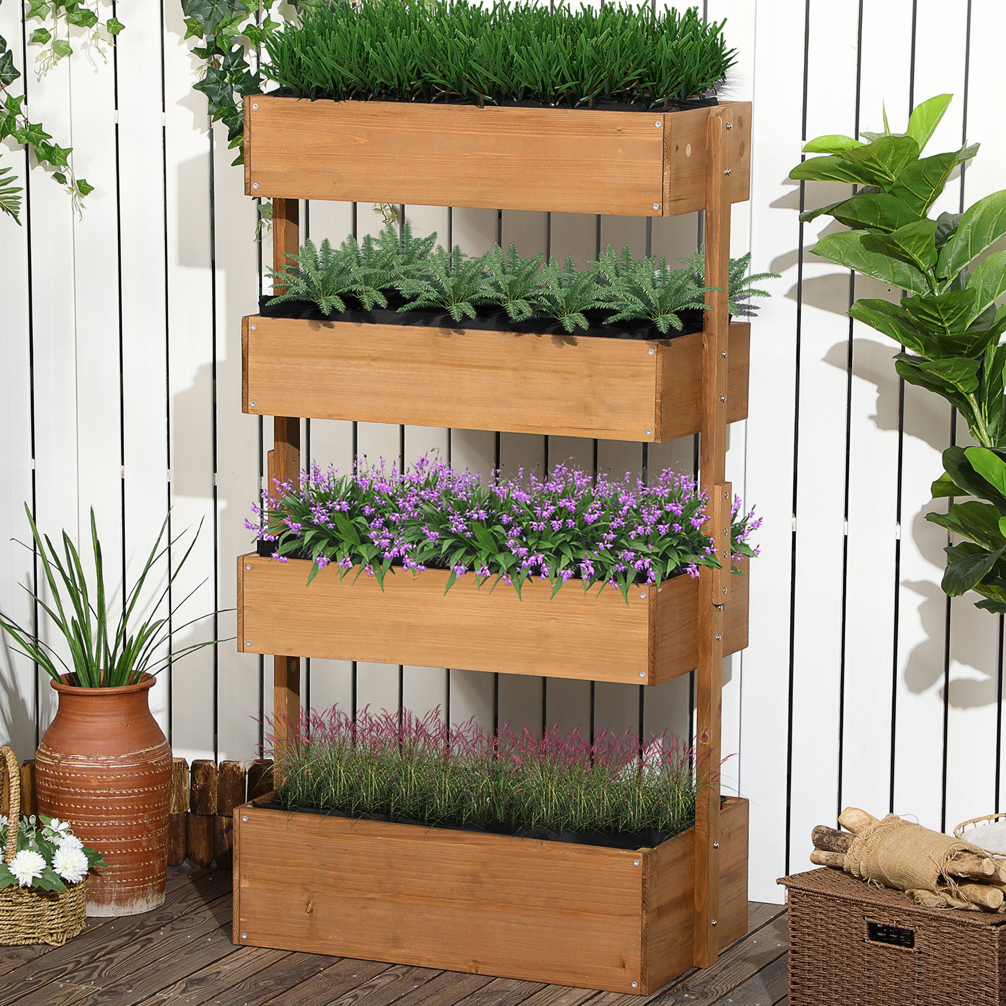 4-Tier Raised Garden Bed, 31.5" x 18" x 56" Vertical Elevated Planter Rack with Non-woven Fabric, Wooden Raised Planter Boxes for Indoor and Outdoor