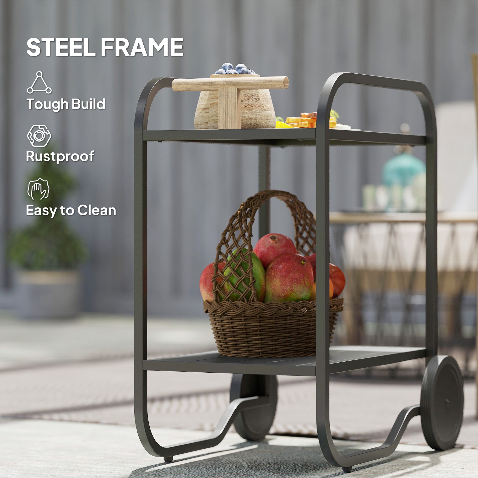 Outdoor Grill Cart with Storage, 2-Tier Bar Cart on Wheels with Side Handle, Steel Frame for Indoor Outdoor, Black