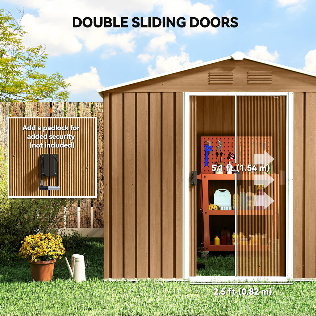 8' x 6' Outdoor Storage Shed, Metal Garden Tool Storage House with Lockable Sliding Doors and Vents for Backyard Patio Lawn, Dark Brown