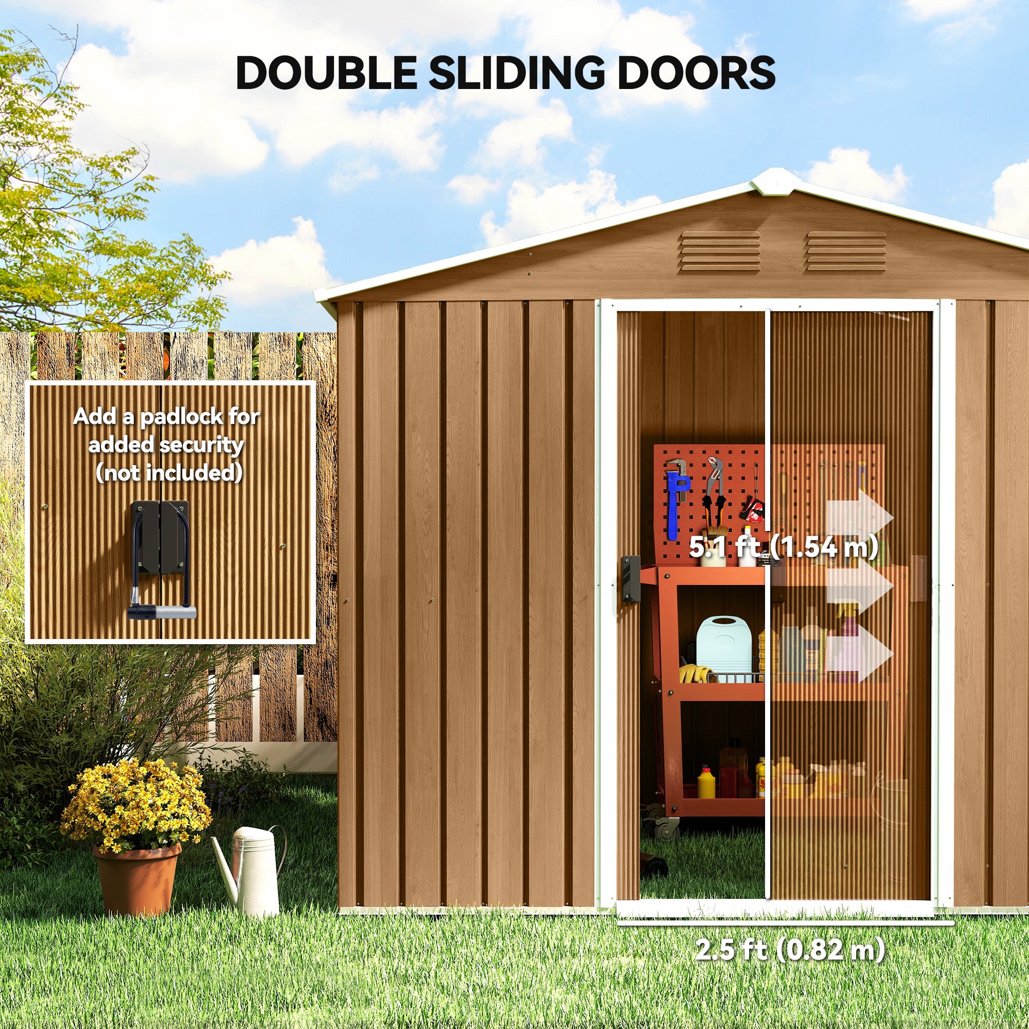 8' x 6' Outdoor Storage Shed, Metal Garden Tool Storage House with Lockable Sliding Doors and Vents for Backyard Patio Lawn, Dark Brown