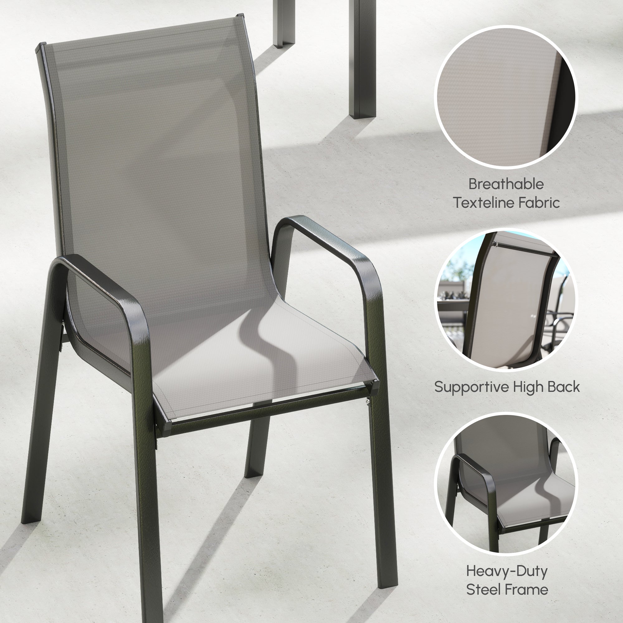 Outdoor Dining Sets for 8 with Stackable Chairs, Patio Dining Set with Glass Top Table for Garden, Patio, Backyard, Dark Grey