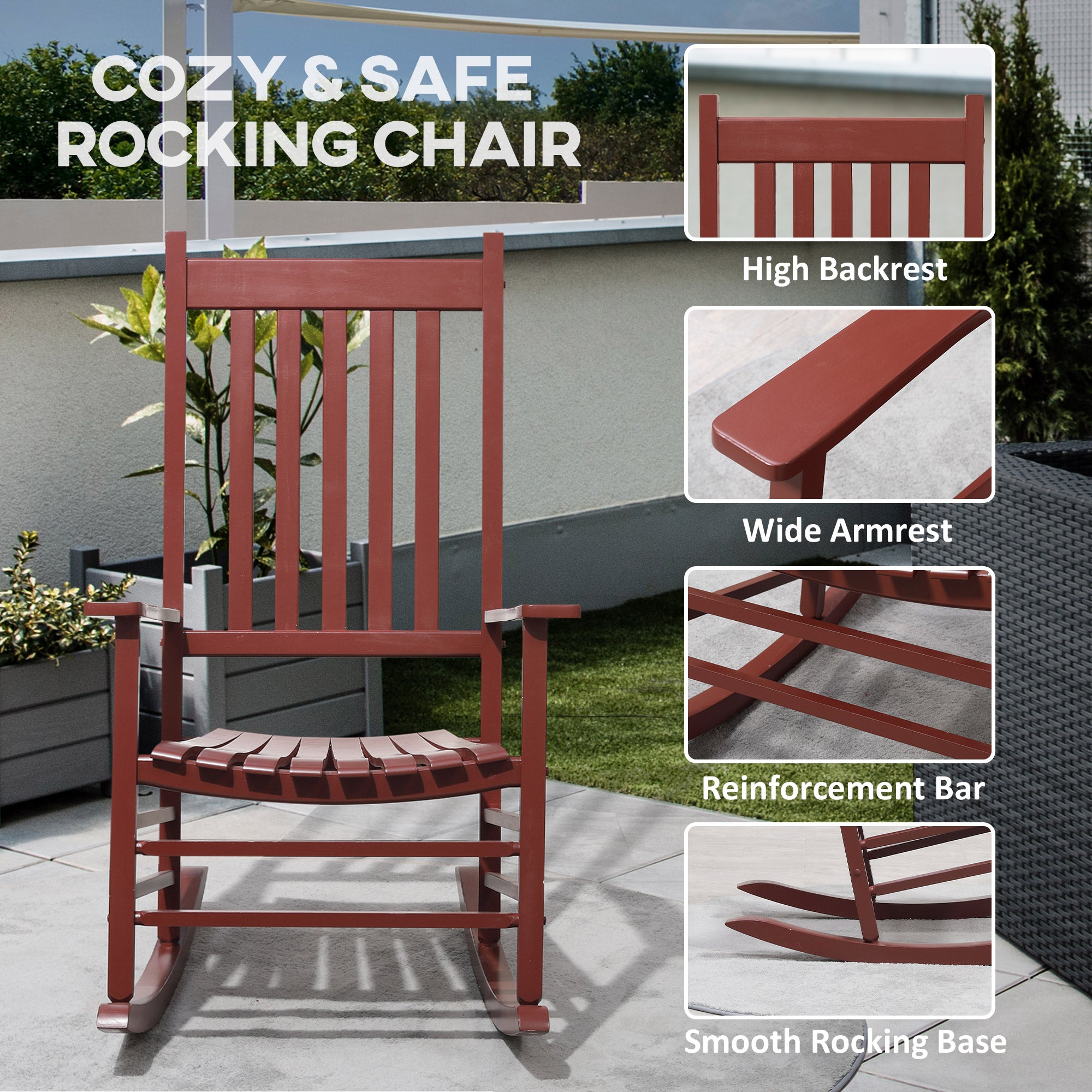Wooden Porch Rocking Chair Outdoor Patio Rocker Garden Single Leisure Reclining Seat Armchair Wine Red