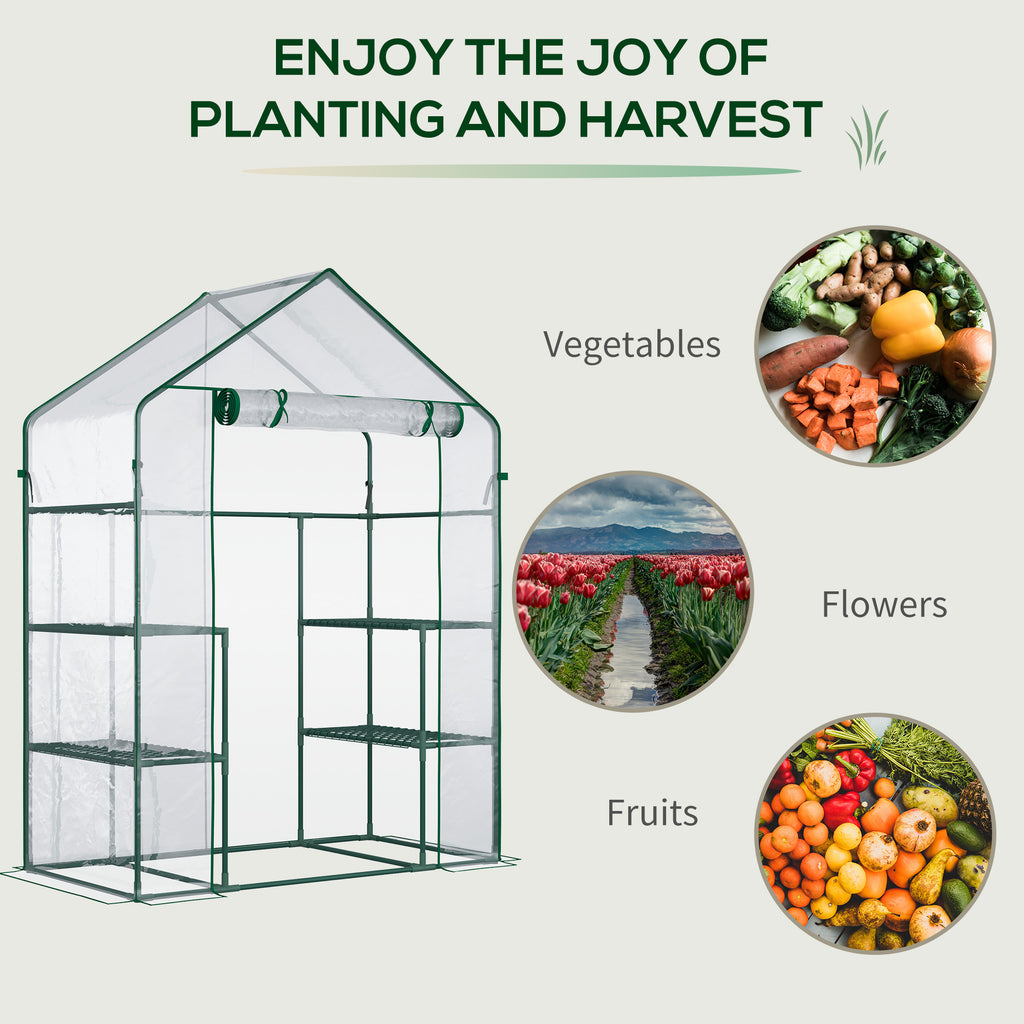 56" x 29" x 77" Walk-in Greenhouse, Mini Greenhouse with 4 Shelves, Roll-Up Door and Weatherized Cover, Clear