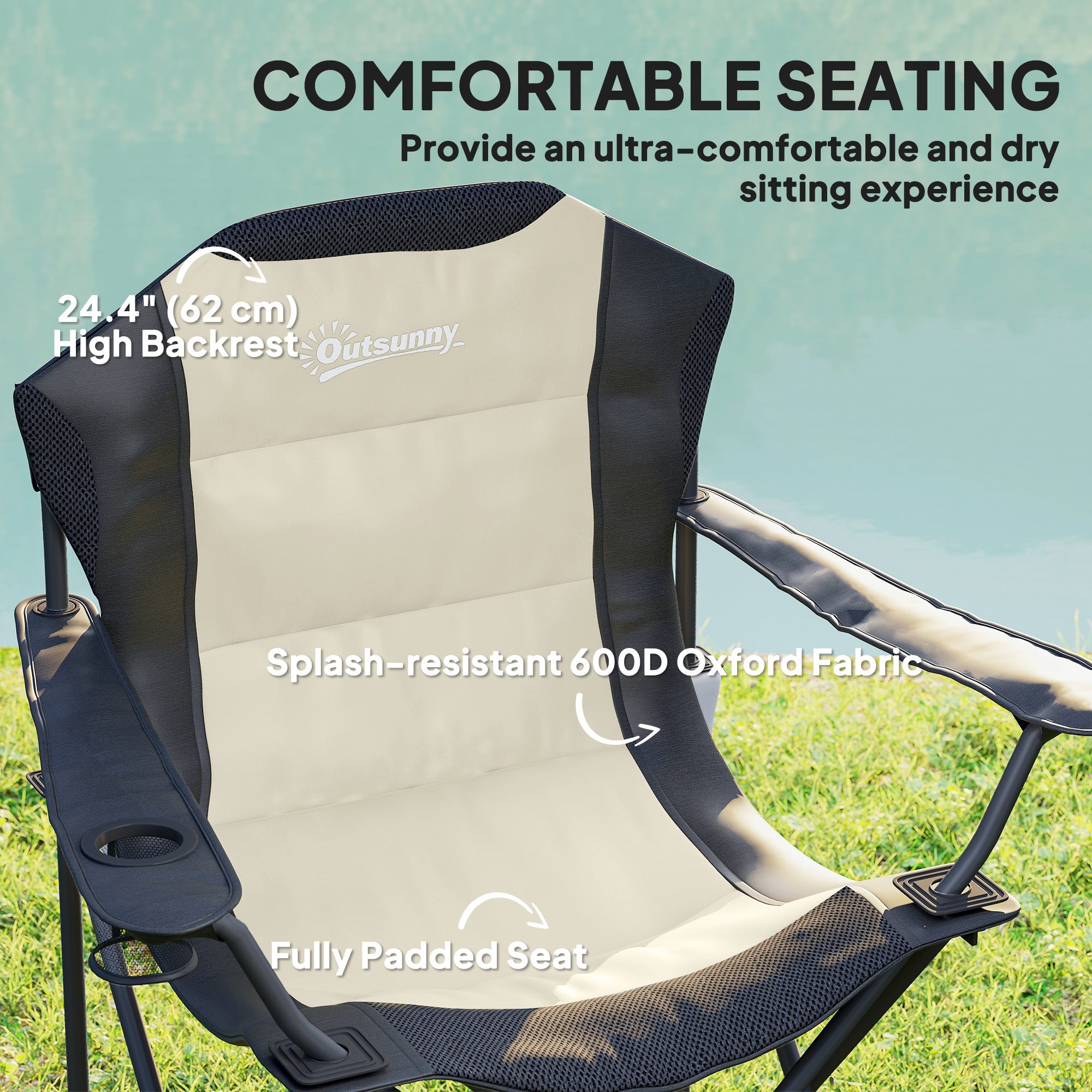 2 Pack Folding Camping Chairs, High Back Folding Chairs w/ Cup Holder, Padded Camping Chairs for Outdoor Events, Cream