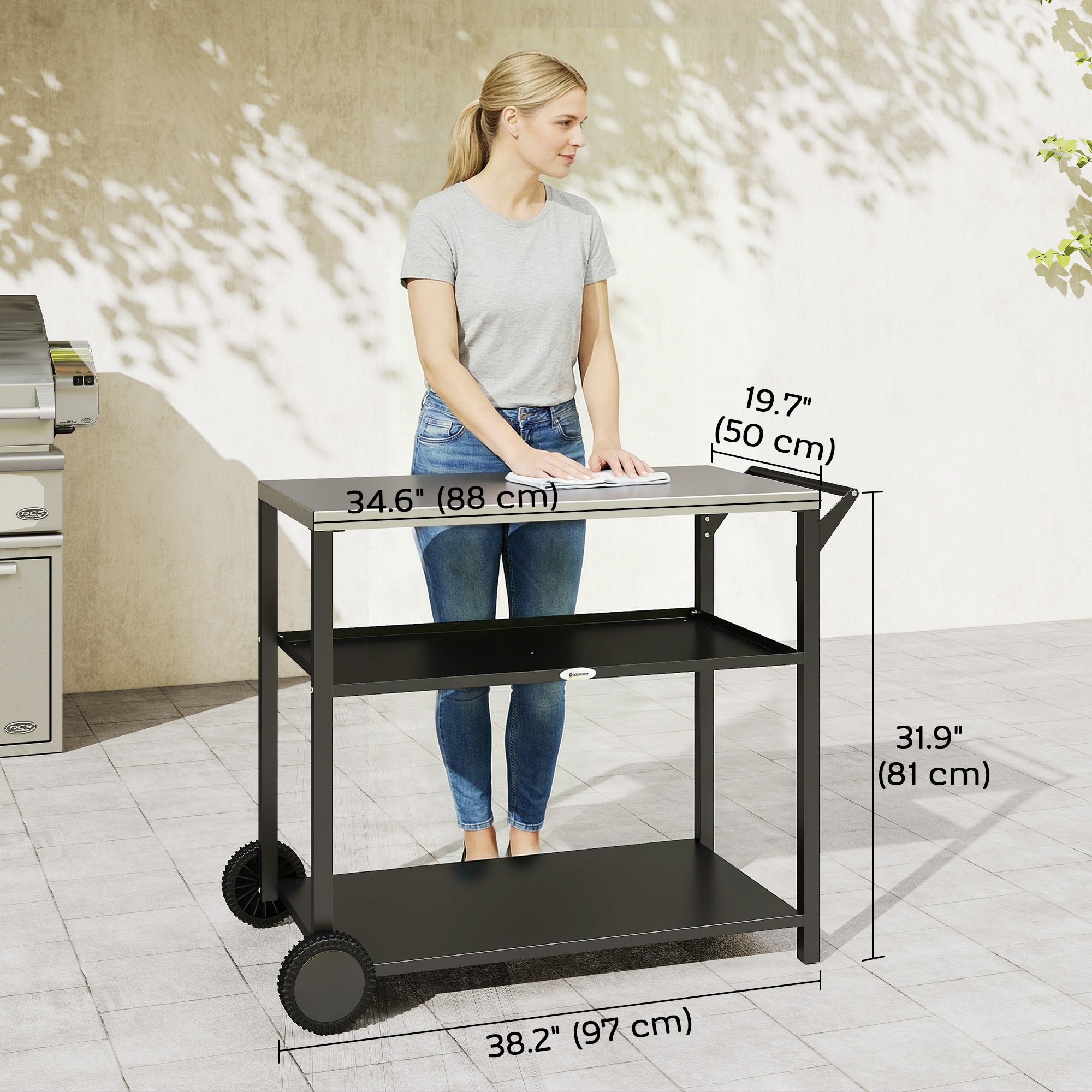 Outdoor Grill Cart with Stainless Steel Top, Three-Tier Pizza Oven Stand, BBQ Cart on Wheels, Black