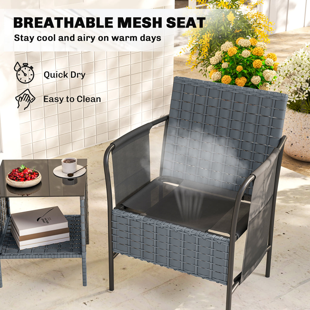 3 Piece Wicker Patio Furniture Set, Outdoor Bistro Set, Side Pockets, Mesh Seat, 2 Tier Glass Table, Cushions, Grey