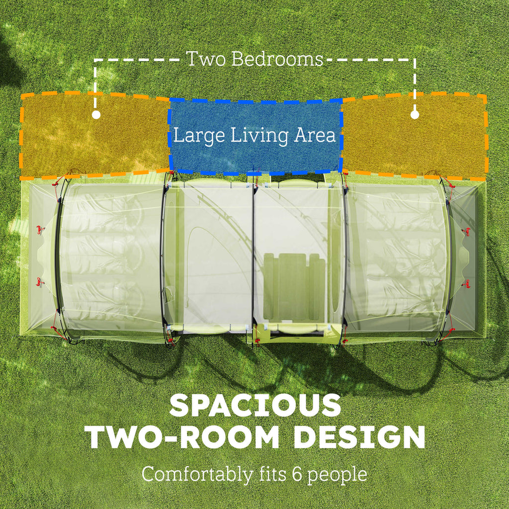 6 Person Camping Tent with Porch, Large Family Tent with 2 Bedroom and Living Room, Light Green