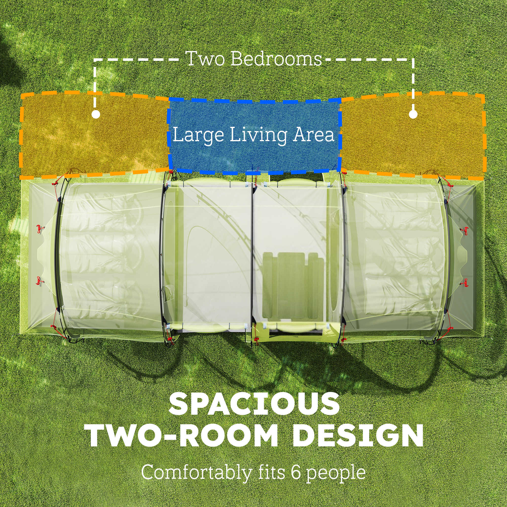 6 Person Camping Tent with Porch, Large Family Tent with 2 Bedroom and Living Room, Light Green