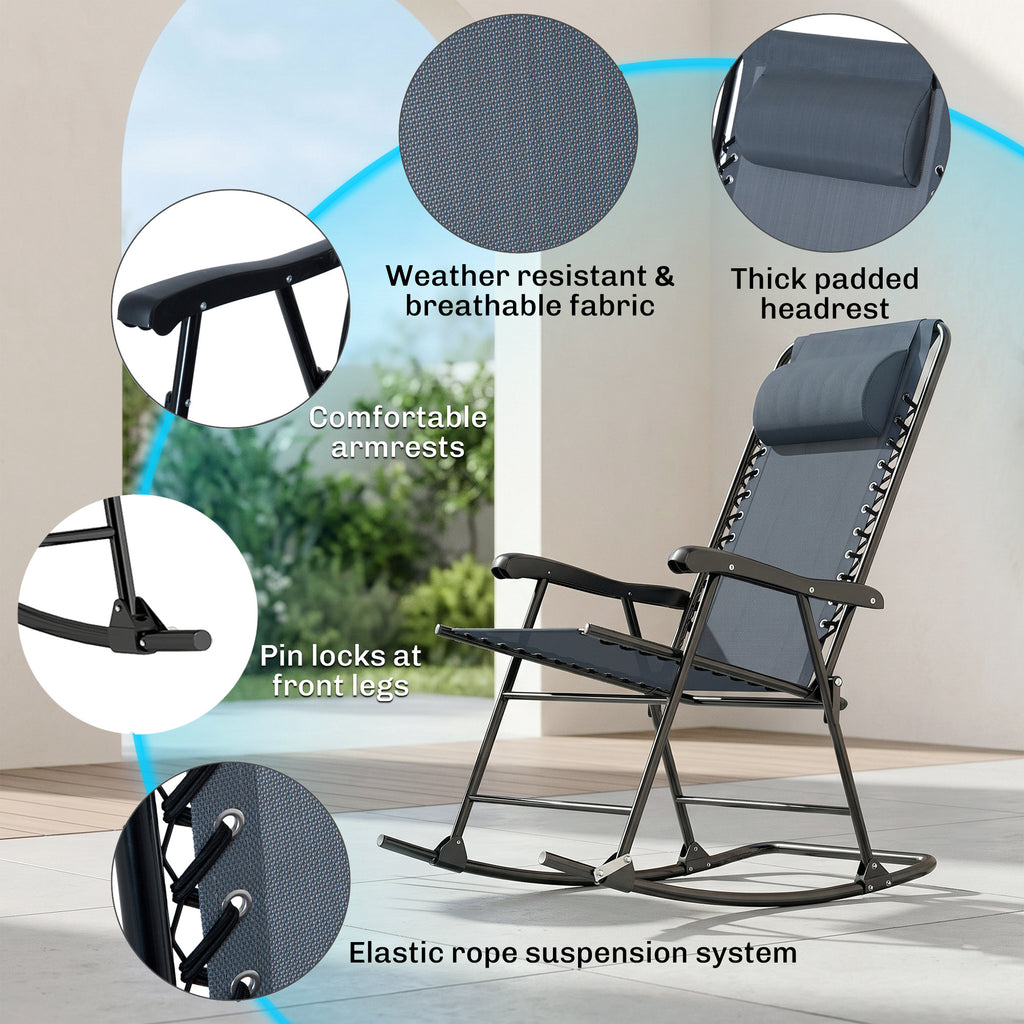 3pc Patio Rocking Chair Set, Folding Outdoor Rocking Chairs and Table Bistro Set w/ Breathable Mesh Seat & Backrest, Headrest for Park, Backyard, Garden, Grey
