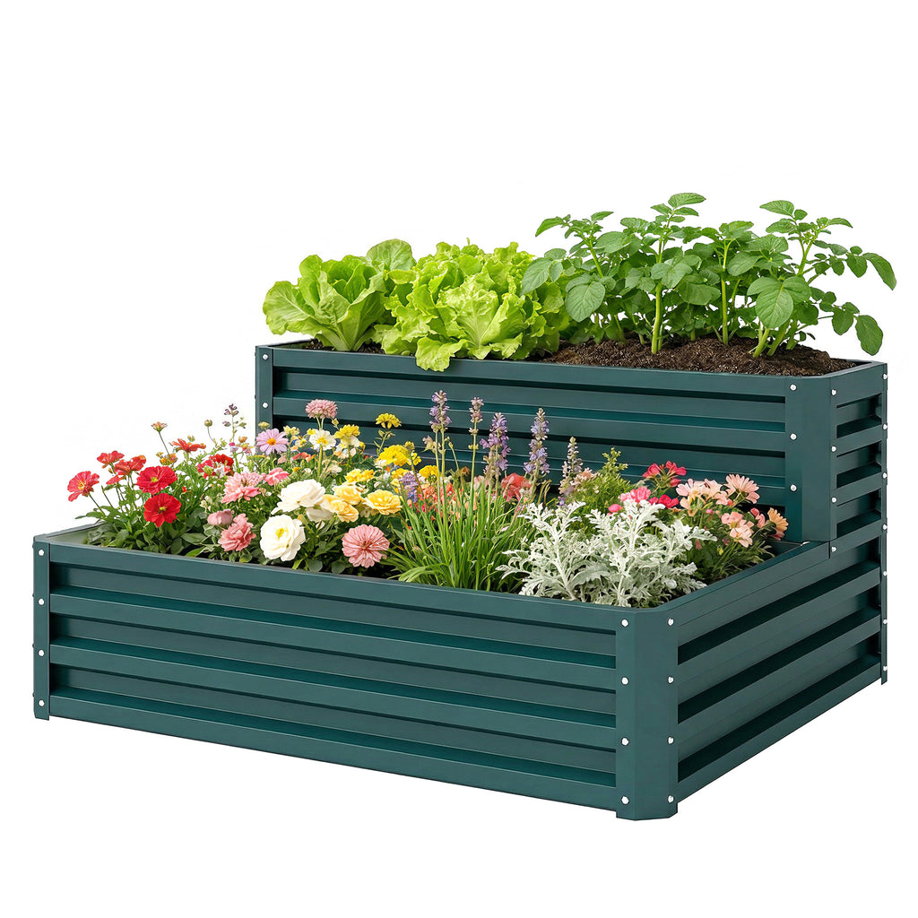 2 Tier Galvanized Raised Garden Bed, Steel Planter Box for Vegetables, Flowers, Herbs, 47" x 40" x 23", Green