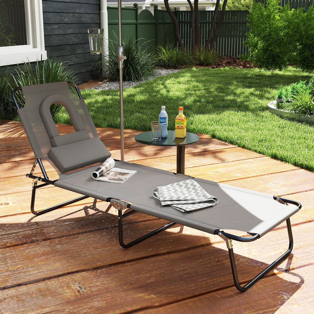 Adjustable Outdoor Lounge Chair, Garden Folding Chaise Lounge with Face Hole Reclining Tanning Chair Seat, Folding Camping Beach Lounging Bed w/ Support Pillow, Grey