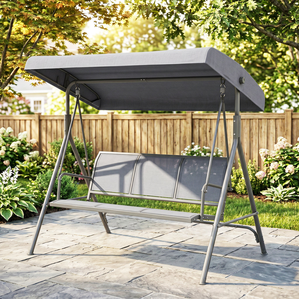 3-Seater Swing Chair Covered Garden Hammock A-Frame Outdoor Porch Glider Sling Seat with Adjustable Canopy Cover, Grey