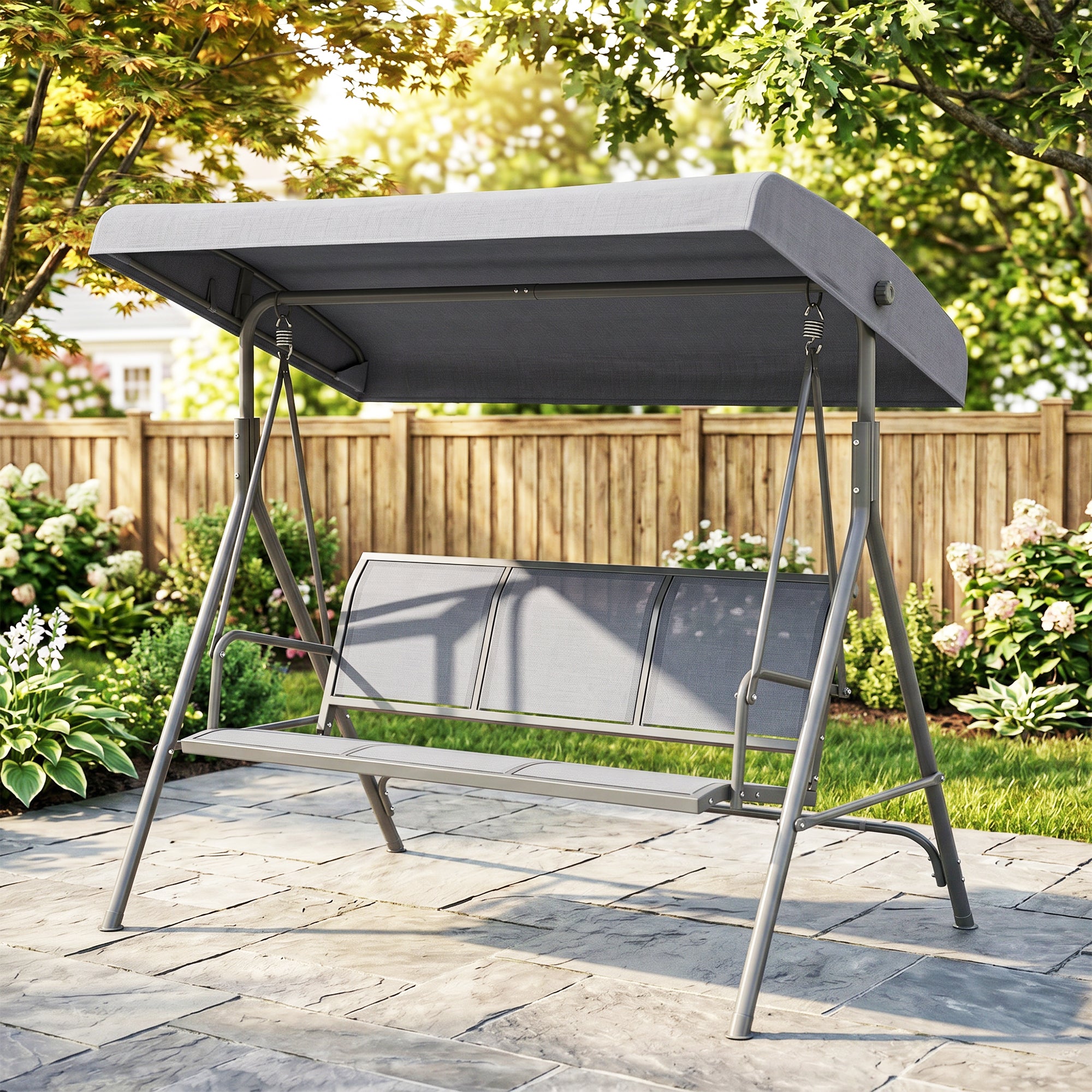 3-Seater Swing Chair Covered Garden Hammock A-Frame Outdoor Porch Glider Sling Seat with Adjustable Canopy Cover, Grey
