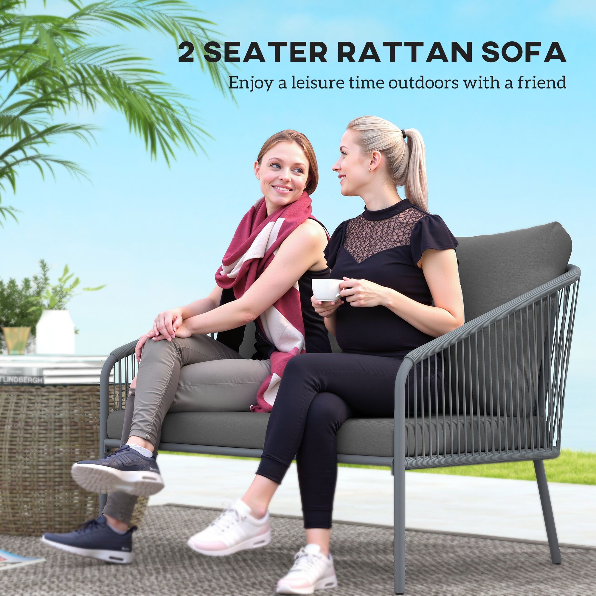 Garden Sofa with Cushions, 2-Seater Outdoor Balcony Rattan Sofa, 112 x 72 x 76 cm, Grey