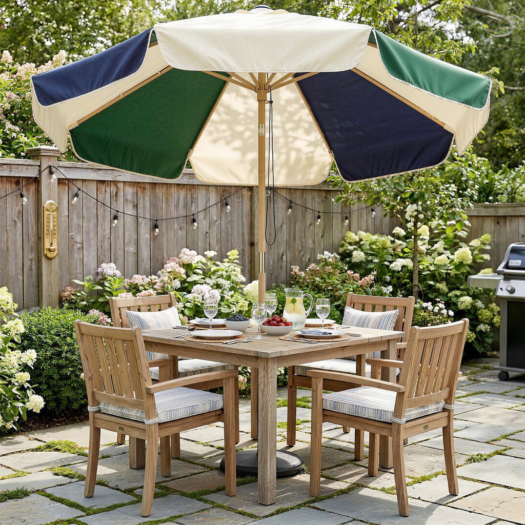 7.4 ft Patio Umbrella with Wood-Effect Frame, Colour-Blocked UPF 30+ Outdoor Market Table Umbrella Parasol, Dark Green
