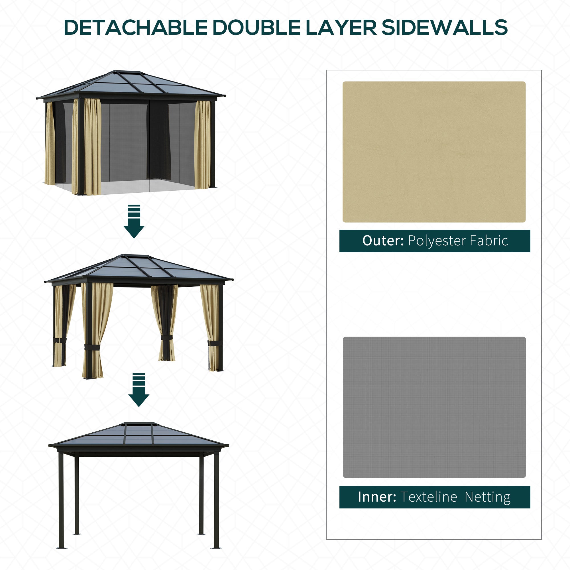 10' x 12' Hardtop Gazebo Canopy with Polycarbonate Roof, Aluminum Frame, Netting, Curtains and Ceiling Hook, Brown