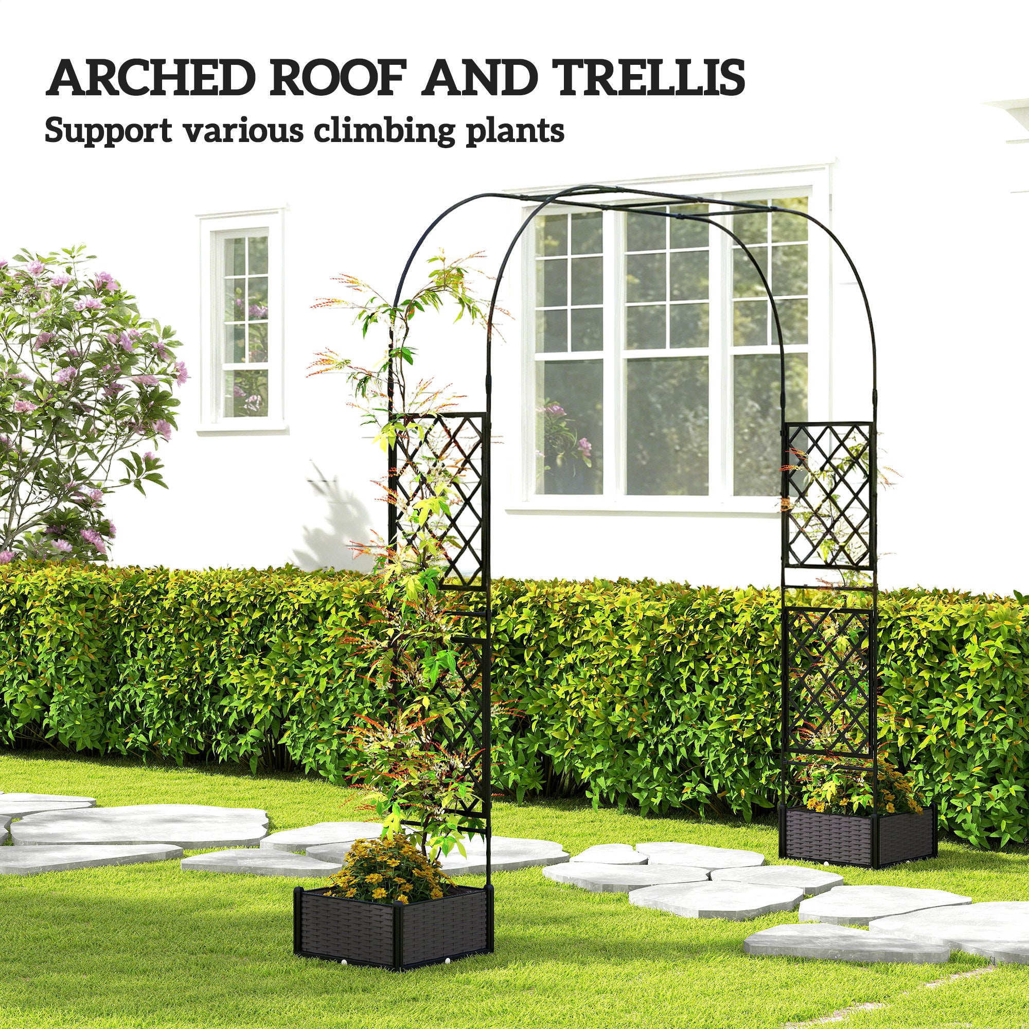 Garden Arch Outdoor Trellis Arbor with 2 Planter Boxes, 109.4" x 15.7" x 86.6", Black
