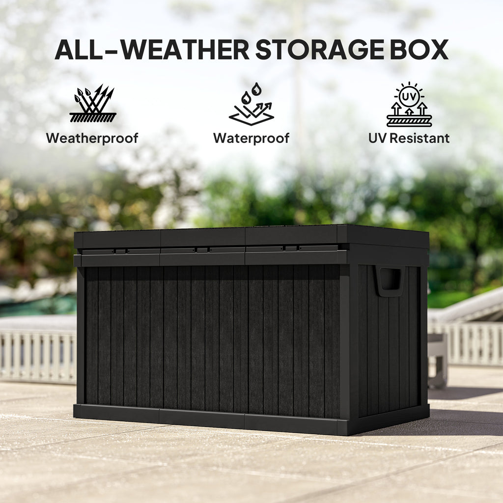 70 Gallon Deck Box, Resin Outdoor Storage Box with Handles, Waterproof Storage Container for Garden Tools, Black