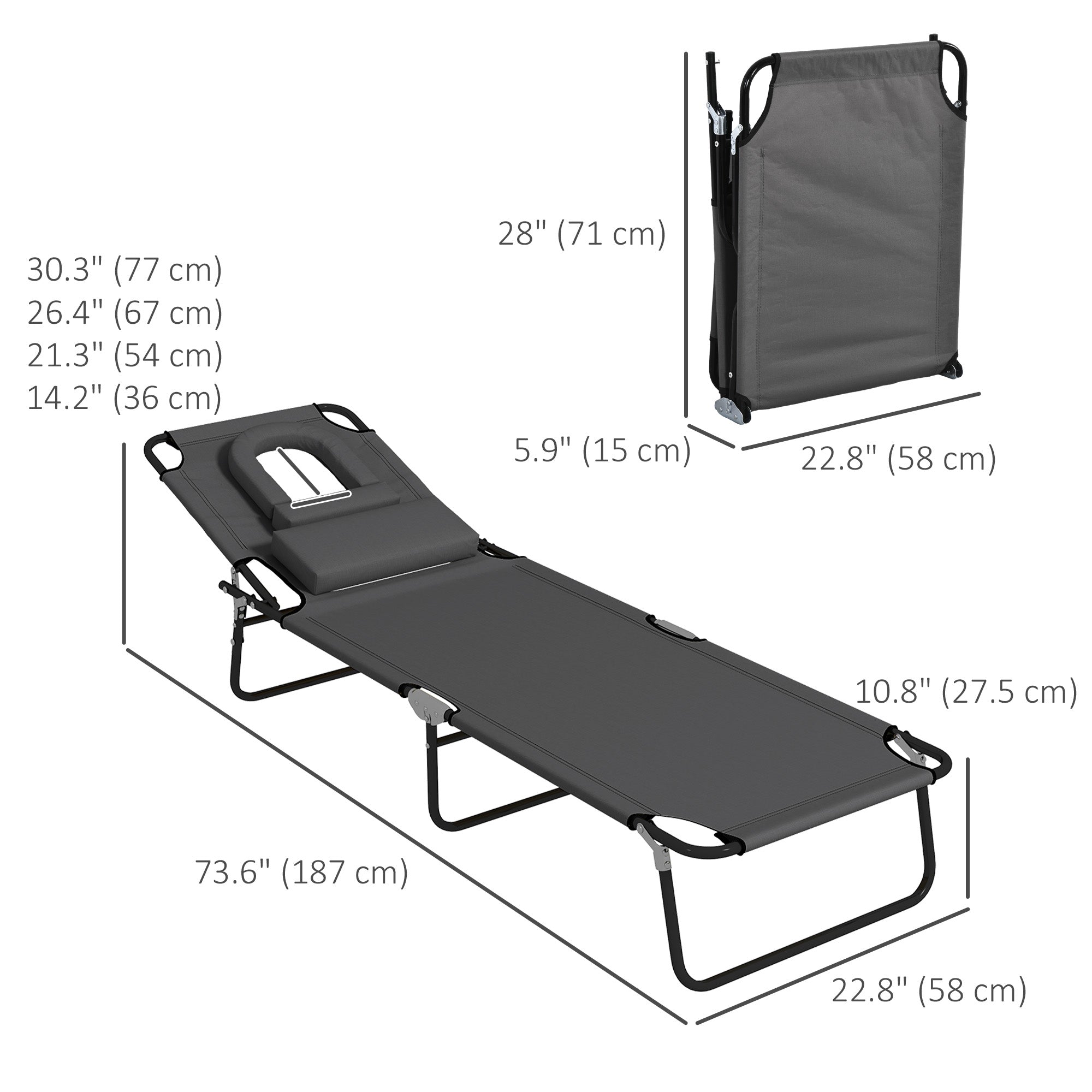 Folding Lounge Chair Set of 2, Reclining Beach Tanning Chair with Face Hole, Pillow, 4-Position Adjustable Flat Sun Lounger, Steel Frame for Outdoor Patio Pool, Grey