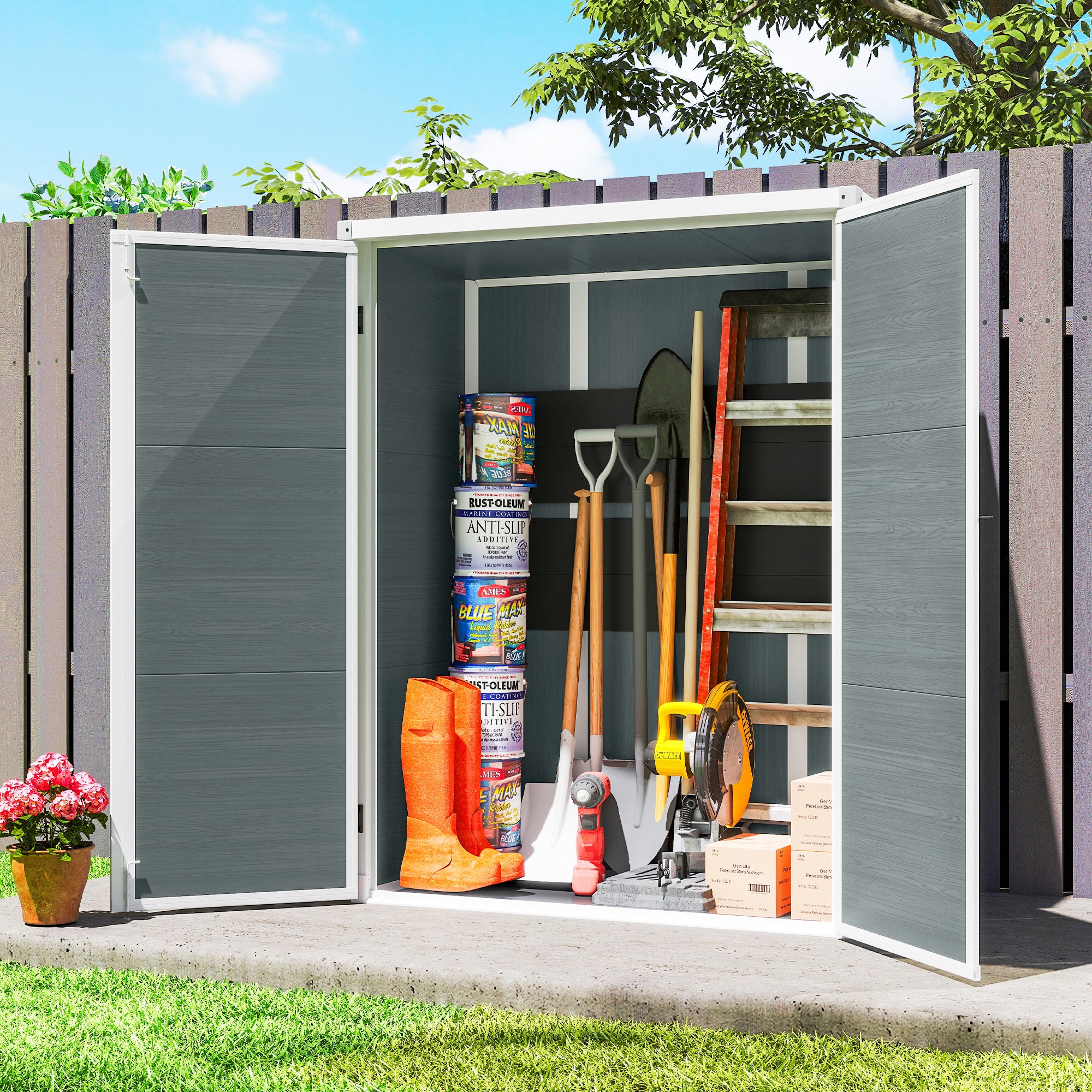 Outdoor 4.4' x 2.3' Plastic Storage Shed with Lockable Doors and Foldable Shelves, Wood-Effect Garden Shed, Grey