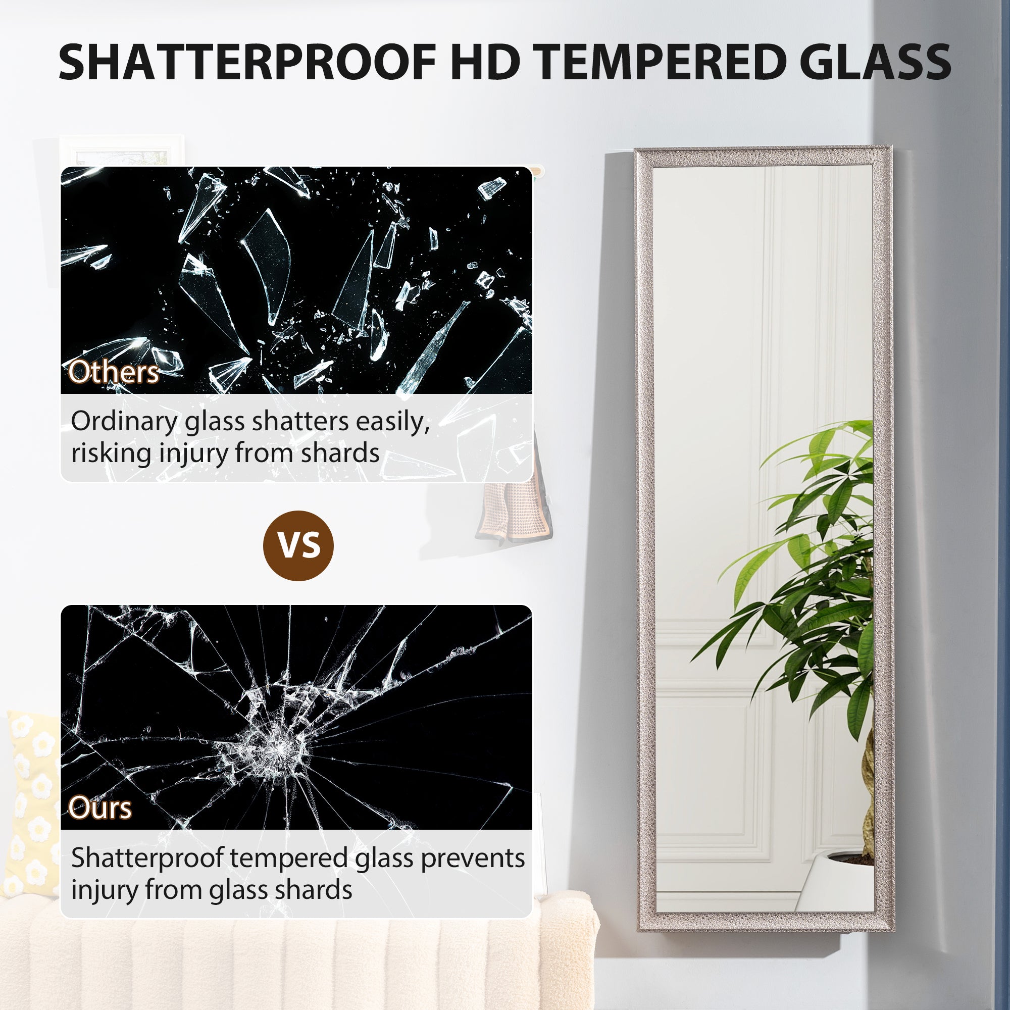 64" x 21" Rectangular Full Length Mirror with Frame, Free Standing, Wall Mounted or Leaning, Gunmetal Silver