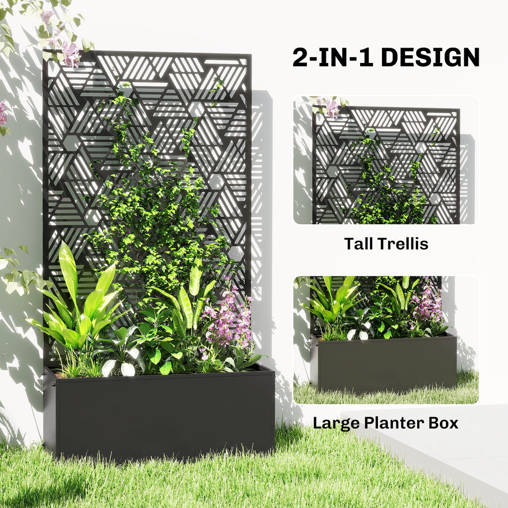 Metal Planter Box with Trellis, 44.5" Tall Raised Garden Bed with Privacy Screen, Hexagon and Line Cut-Out