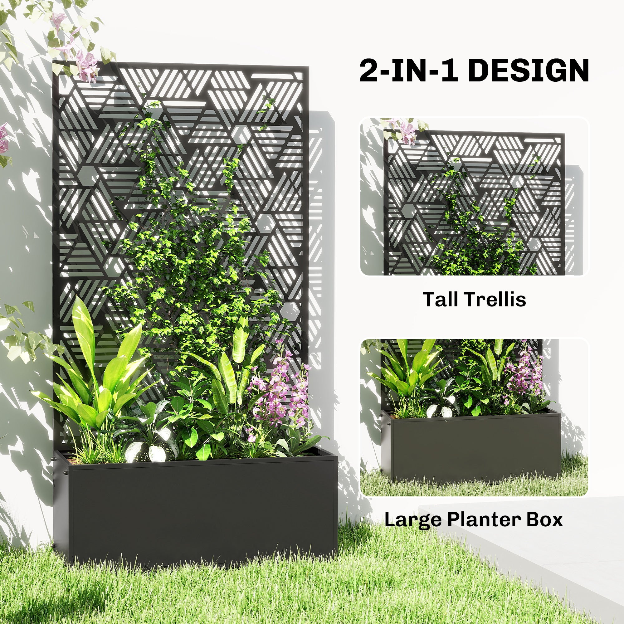 Metal Planter Box with Trellis, 44.5" Tall Raised Garden Bed with Privacy Screen, Hexagon and Line Cut-Out