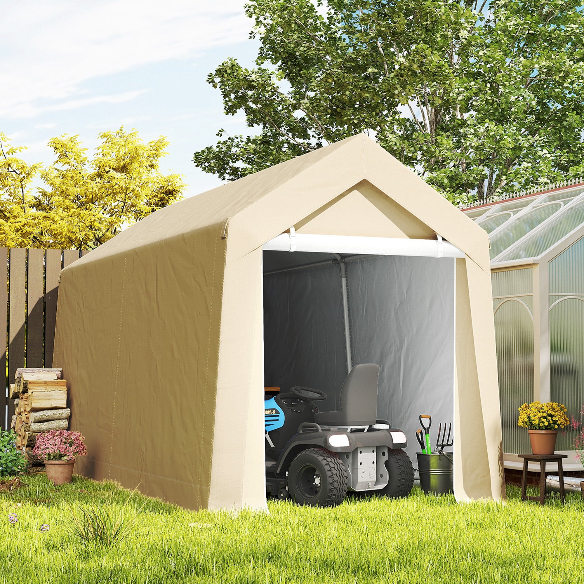 7' x 12' Outdoor Storage Shed Portable Garage with Roll-up Door for Motorcycle, Bike, Garden Tools, Beige