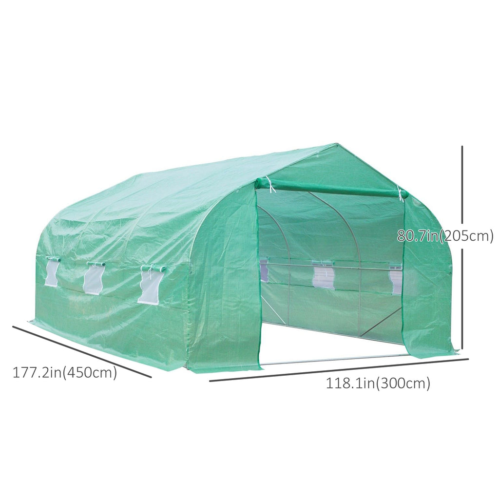 15' x 10' x 7' Walk-in Greenhouse Outdoor Plant Tunnel Warm Hot House w/ Roll Up Door and 6 Mesh Windows, Steel Frame, Green